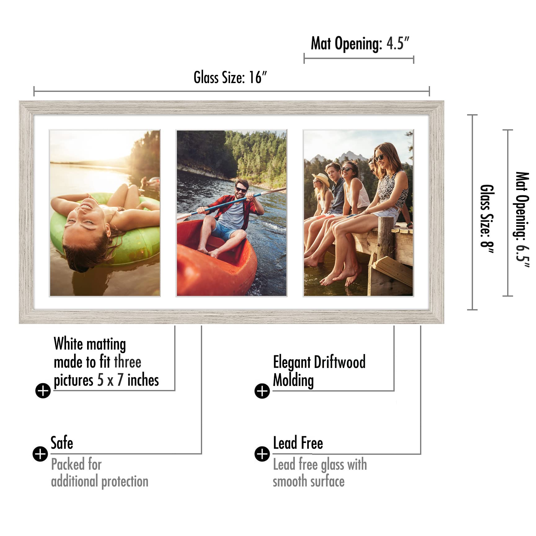 Americanflat 5x7 Picture Frame Collage with Shatter-Resistant Glass - Fits Three 5x7 Photos or Use as One 8x16 Frame - Signature