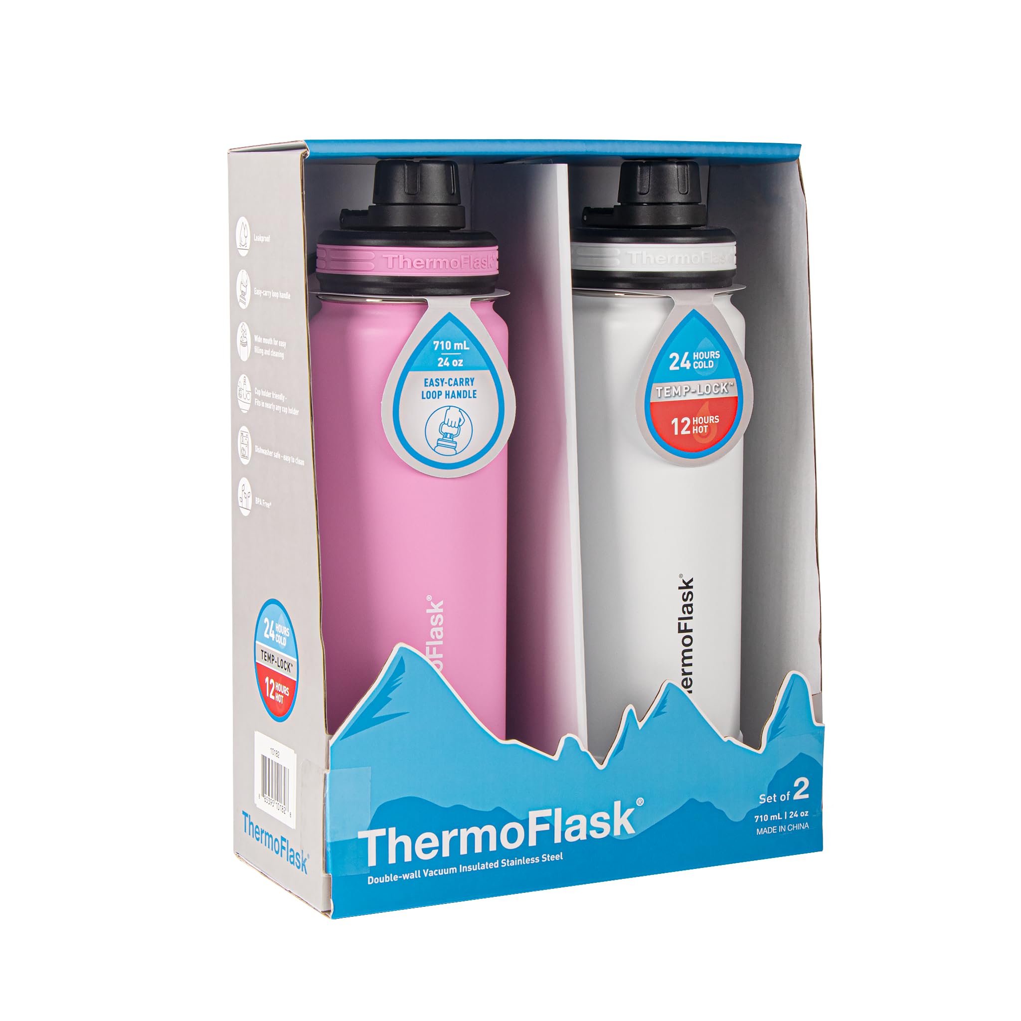 ThermoFlask Double Wall Vacuum Insulated Water Bottles Set of 2, 24 oz, Stainless Steel, Strawberry/Arctic White