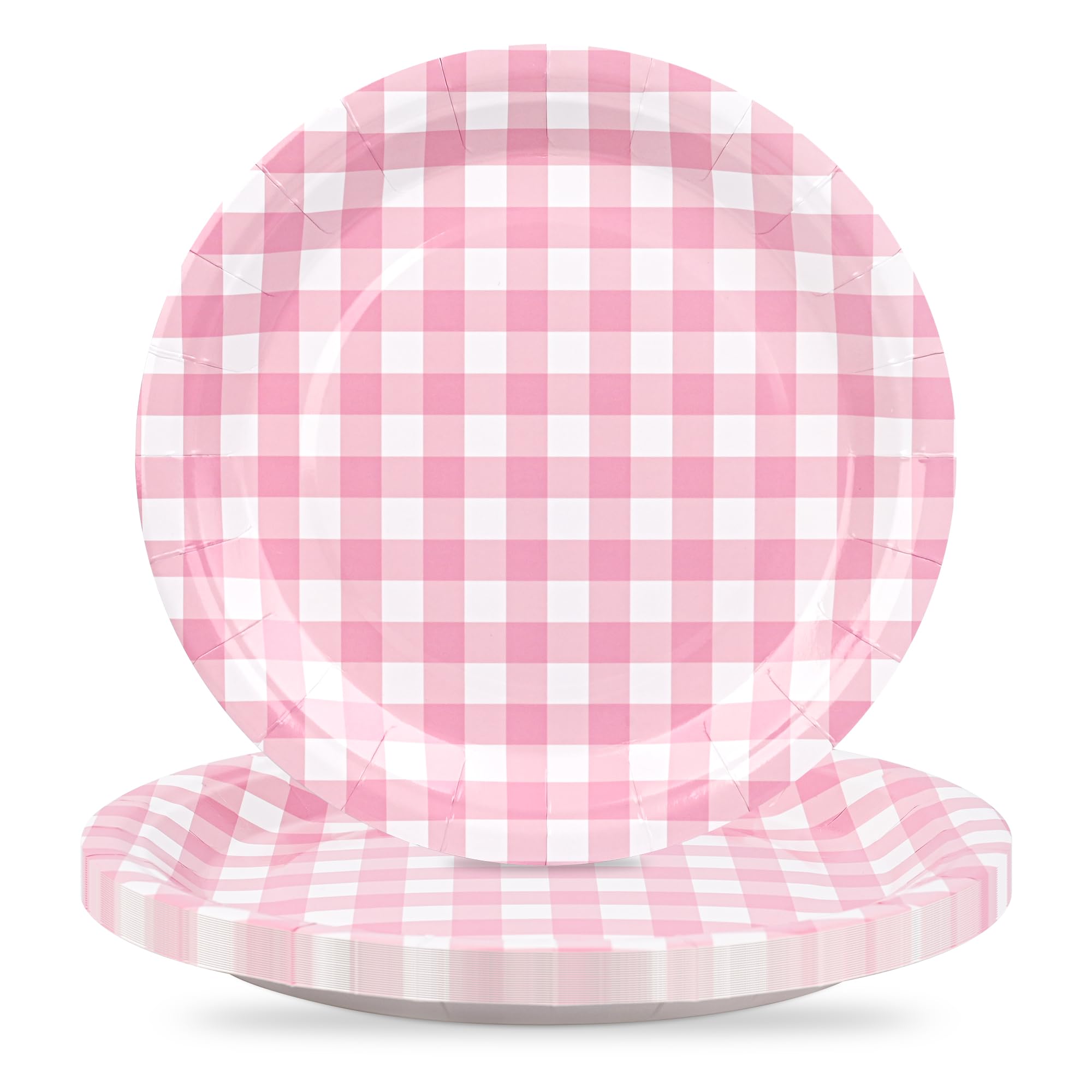 Houuqe 24Pcs Gingham Party Supplies Pink Paper Plates 9 inches Disposable Plaid Decorative Dinner Dessert Serving Plates for Bab