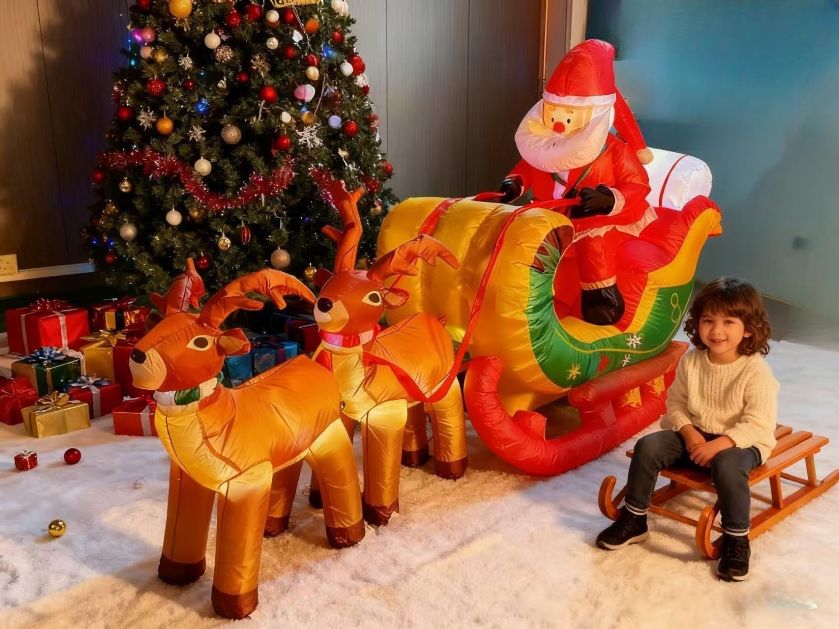 8 FT Christmas Inflatables Santa Claus in Sleigh with Two Reindeer Outdoor Decorations Blow Up Yard Santa Claus with Built-in LE