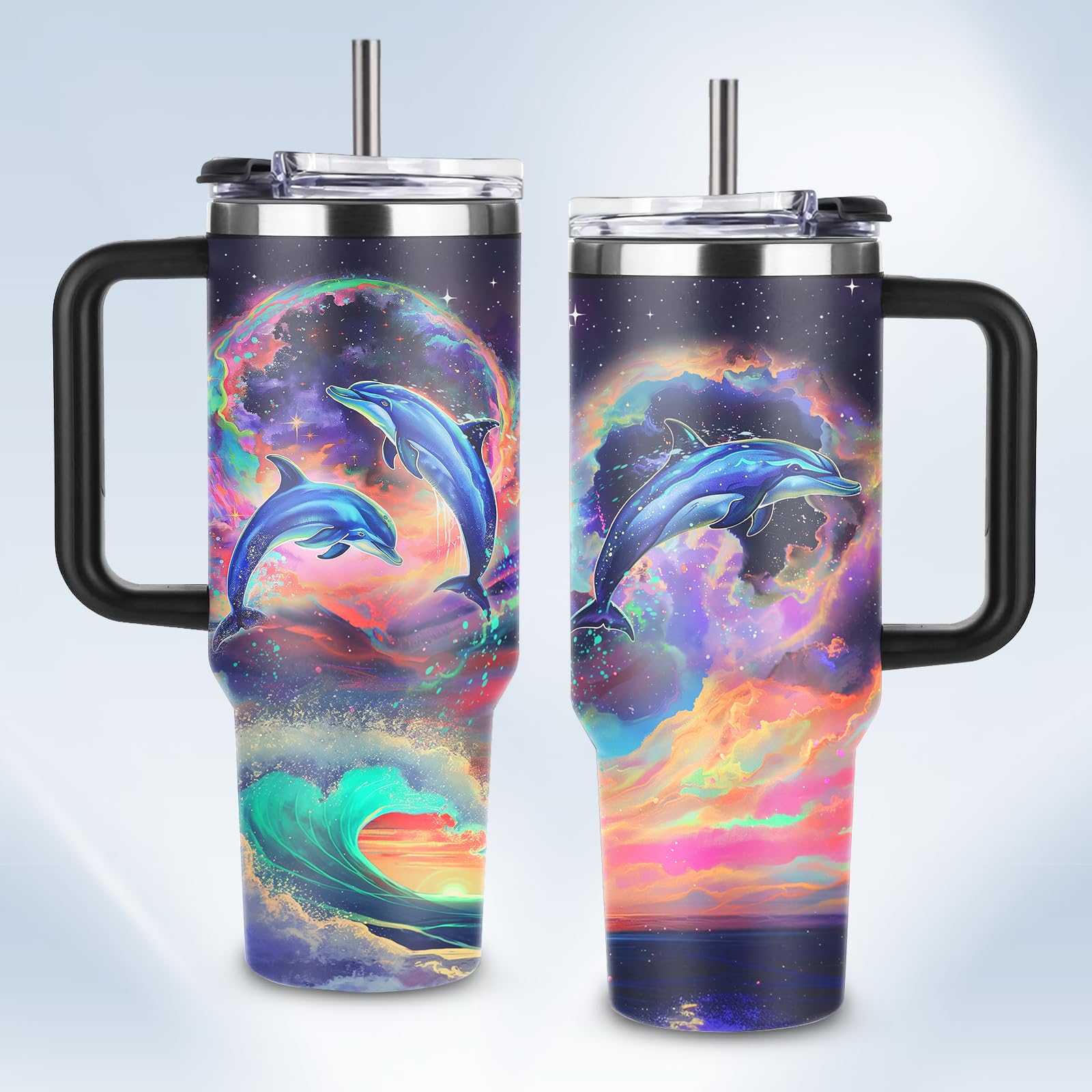 HYMONA Dolphin Tumbler 40 OZ Ocean Themed Vacuum Insulated Travel Mug, Blue Ocean Dolphin Gift Coffee Cup for Marine Lovers Chri