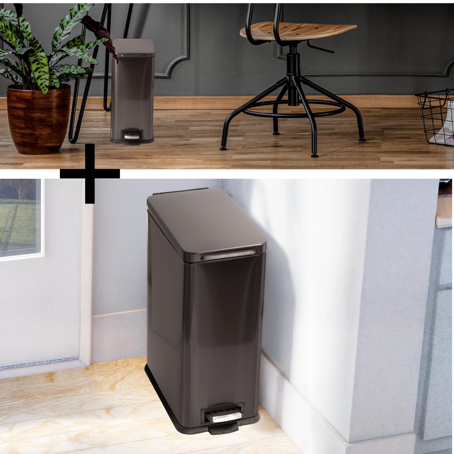 Home Zone Living 8 Gallon and 2.5 Gallon Kitchen Trash Can Combo Value Set  Slim Body Stainless Steel Design  30 Liter and 9.7 Liter Capacity  Black