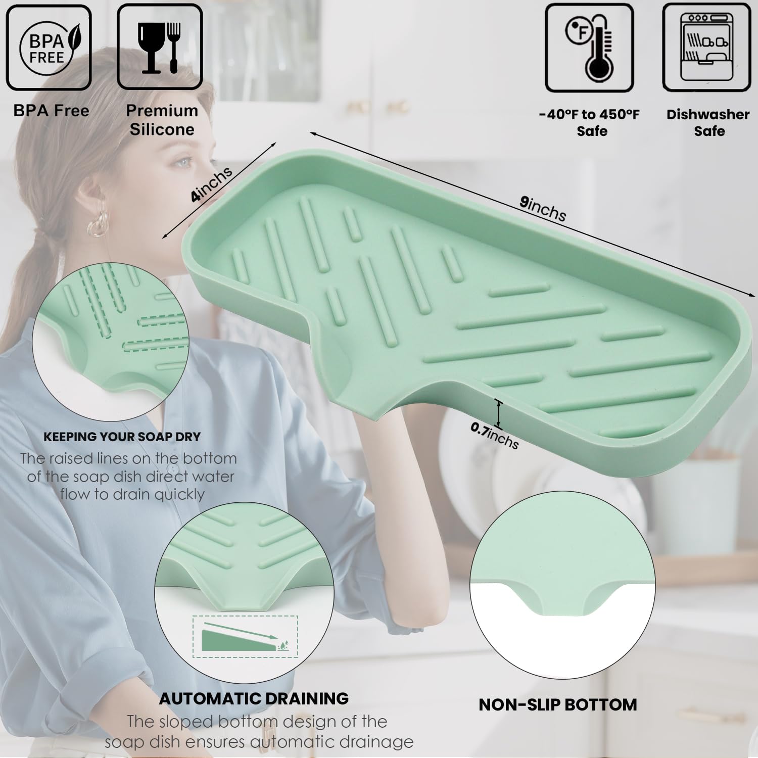Yasmen Silicone Bathroom Soap Dishes, Sink Sponge Holder For Kitchen, Rubber Soap Dish With Drain, Shower Soap Sponge Tray, Sink