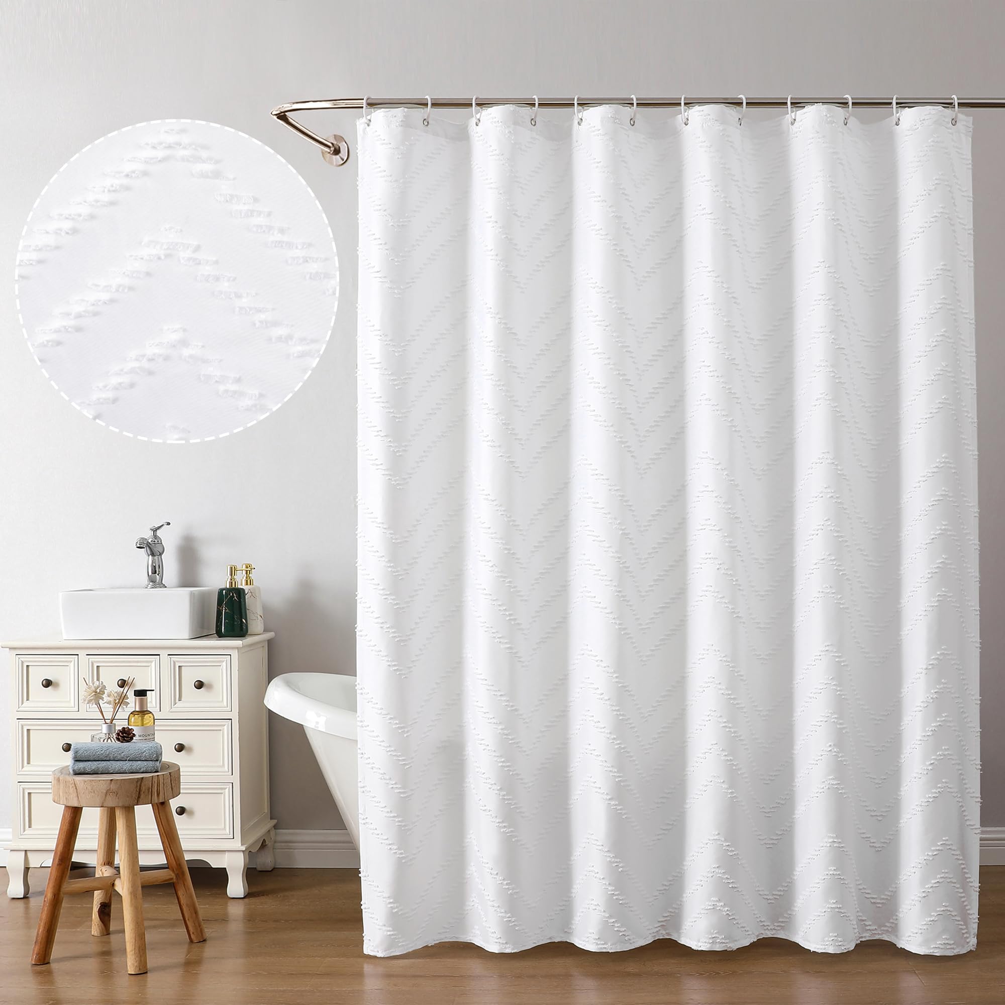 Chyhomenyc Chevron Extra Long White Boho Shower Curtain Set 72X78 Inches, Fabric Shower Curtain Modern Farmhouse Chic Textured T