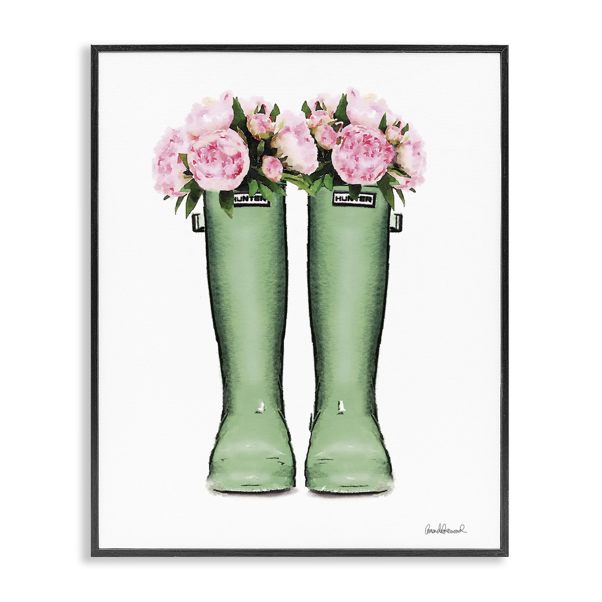 Stupell Industries Country Boots with Peonies, Framed Giclee Art, Black, 16 x 20 Inches, Easy to Hang and Sturdy, Made in USA,