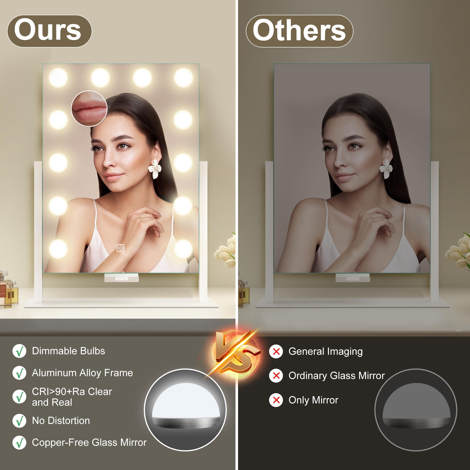 S'Bagno Vanity Mirror With Lights, 12 Dimmable Led Bulbs, Detachable 10X Magnifying Mirror, Touch Control, Usb Rechargeable, Tab