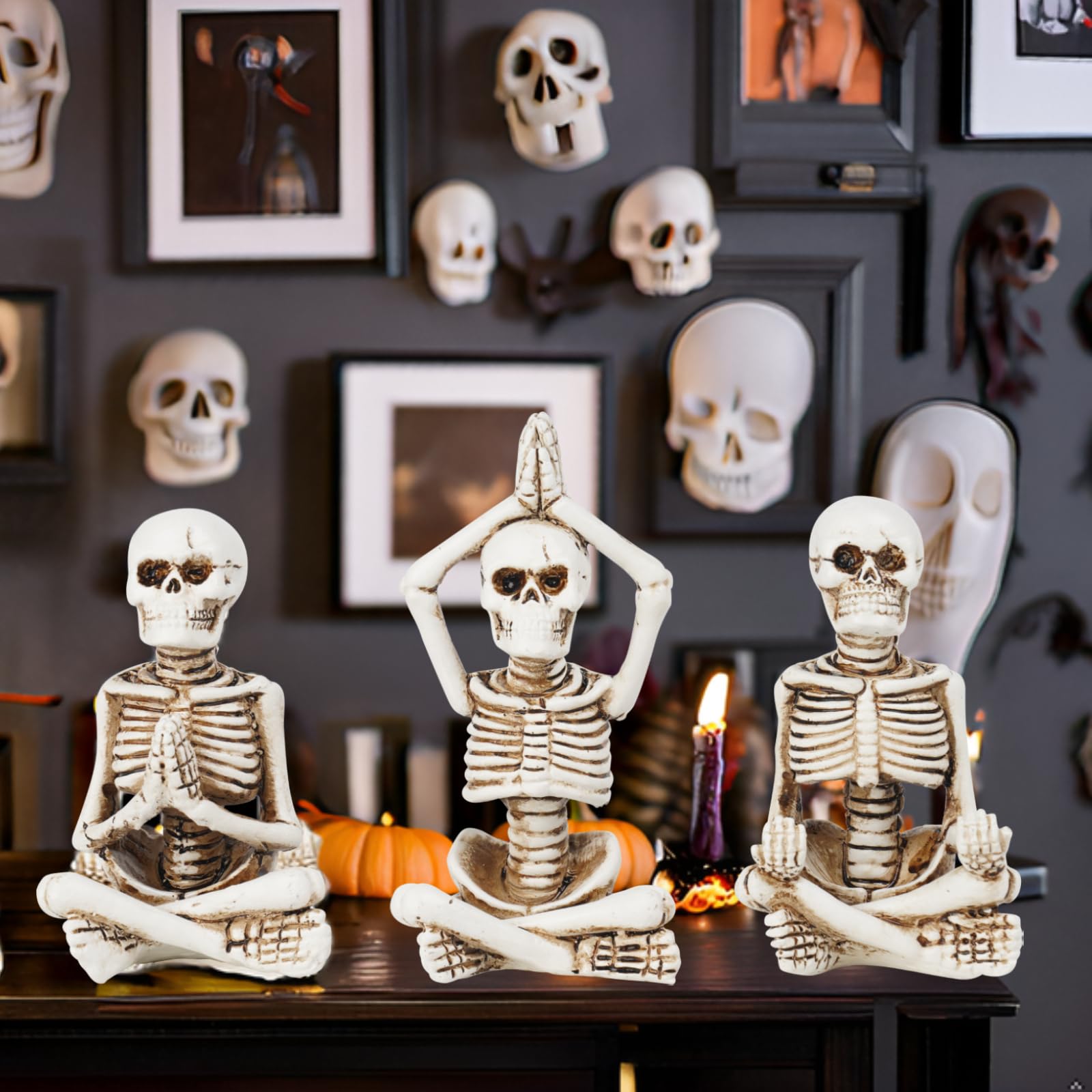 Newman House Studio Halloween Skeleton Decor - Realistic Meditating Skeleton Statues, Set of 3, 2*1.5*3.75 in Resin Indoor Zen S