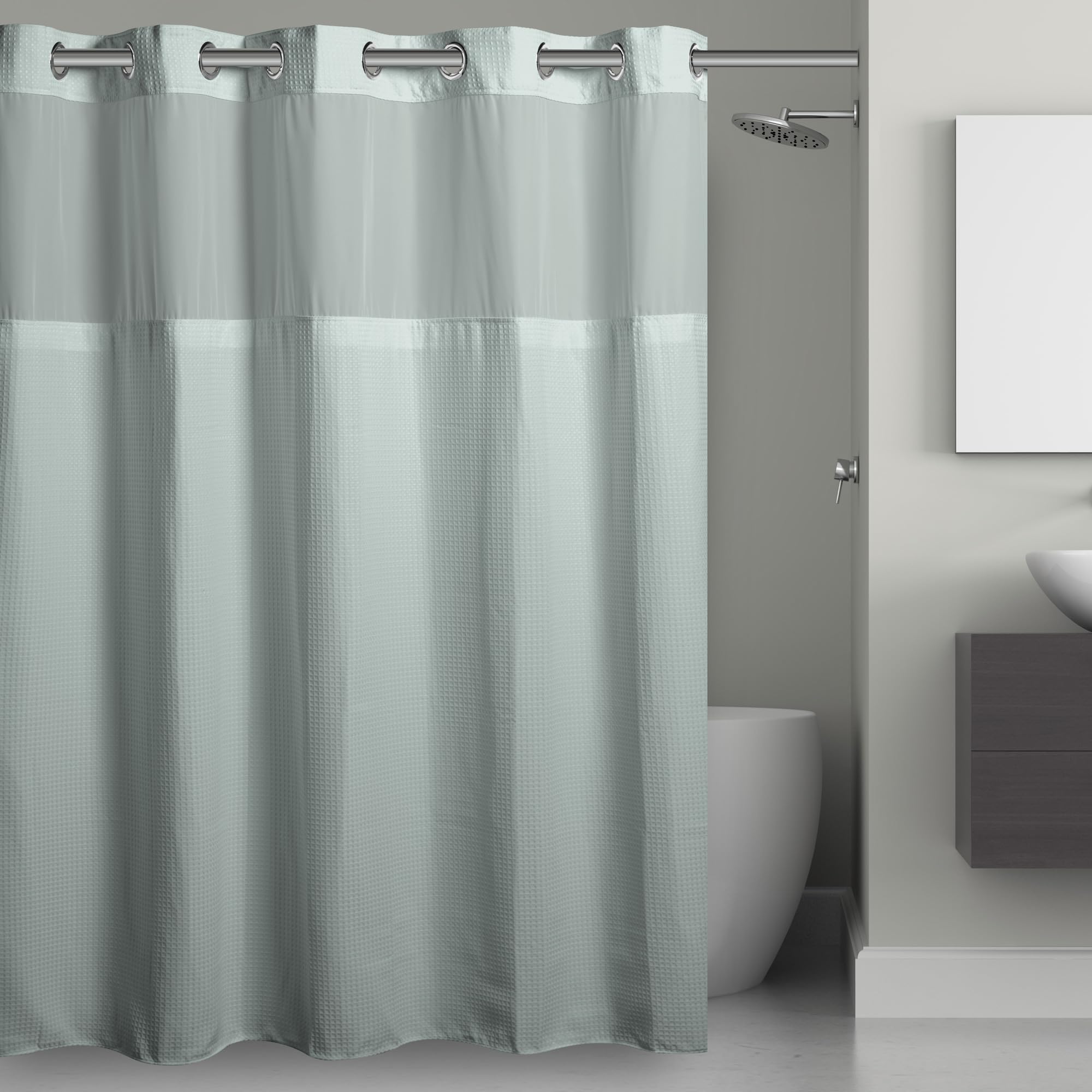 Its A Snap! Waffle Shower Curtain, 3-in-1 with Fabric Shower Curtain, Sheer Top Window, Flex-On Rings & Liner, 71 x 74, Misty