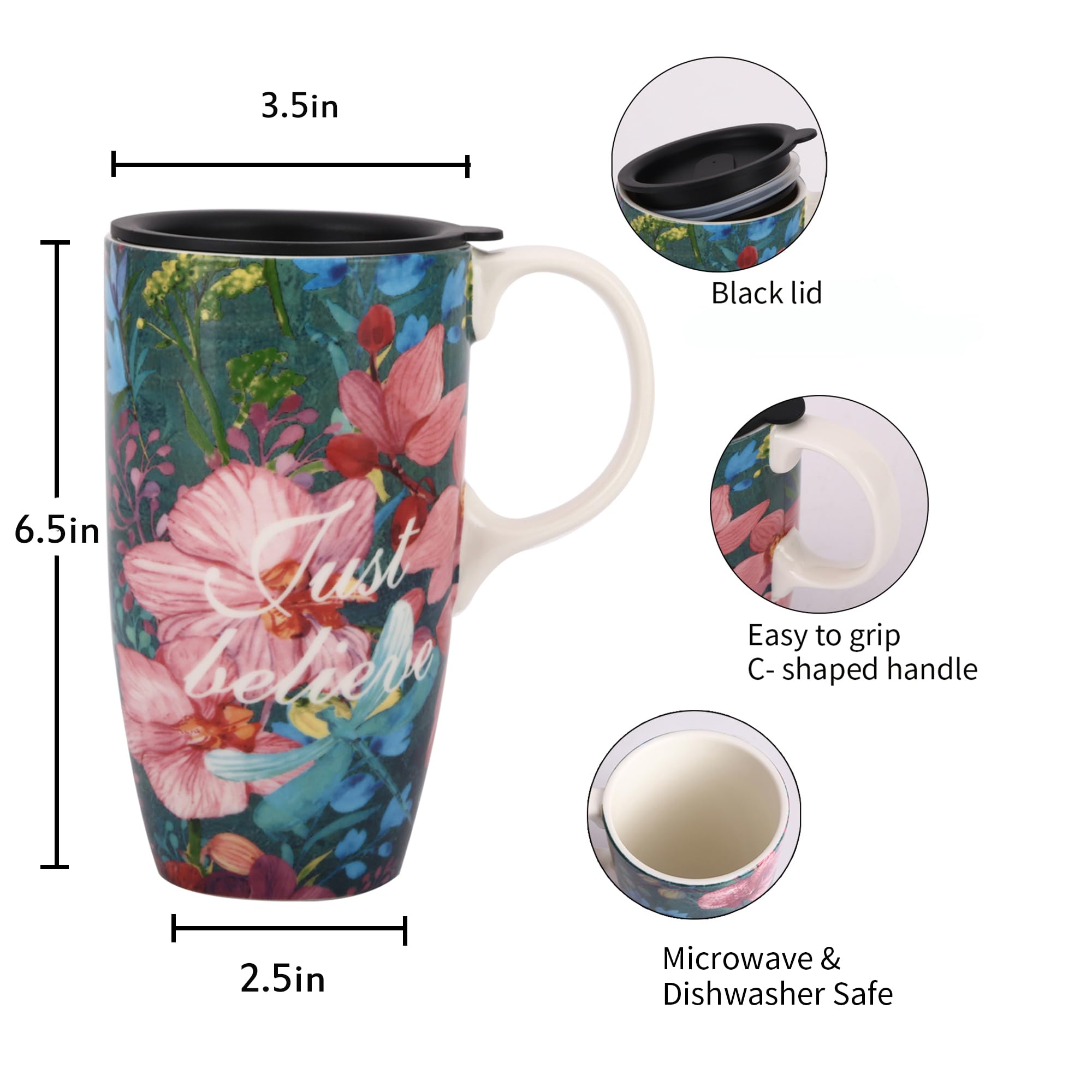 Dusvally Ceramic Mug Large Coffee Cup Tall Travel Mugs Porcelain Latte Tea Cup With Lid And Color Box 17Oz,Just Believe