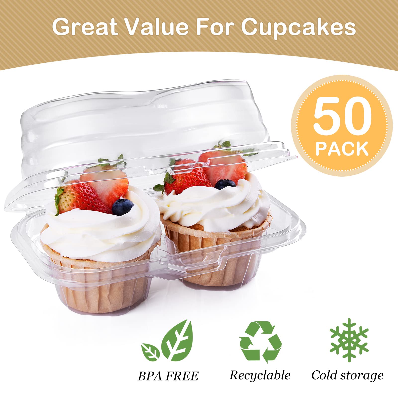 Himetsuya 2 Cavity Cupcake Boxes-Stackable Regular Cupcake Carrier Holder, Thicker Clear Cupcake Boxes, Non-Slip High Topping Cu