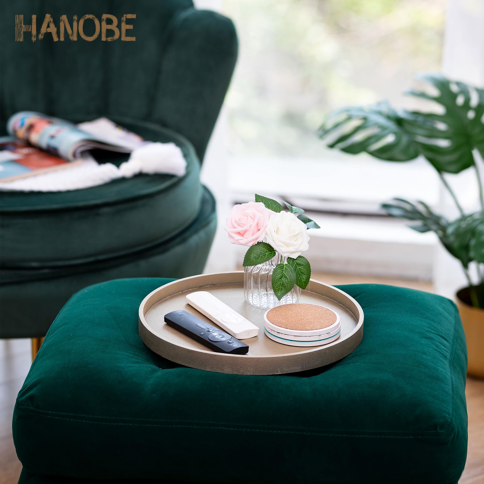 Hanobe Decorative Coffee Table Tray: Rustic Muted Metallic Gold Wood Tray Round Wooden Circle Trays 12'' Farmhouse Centerpiece C