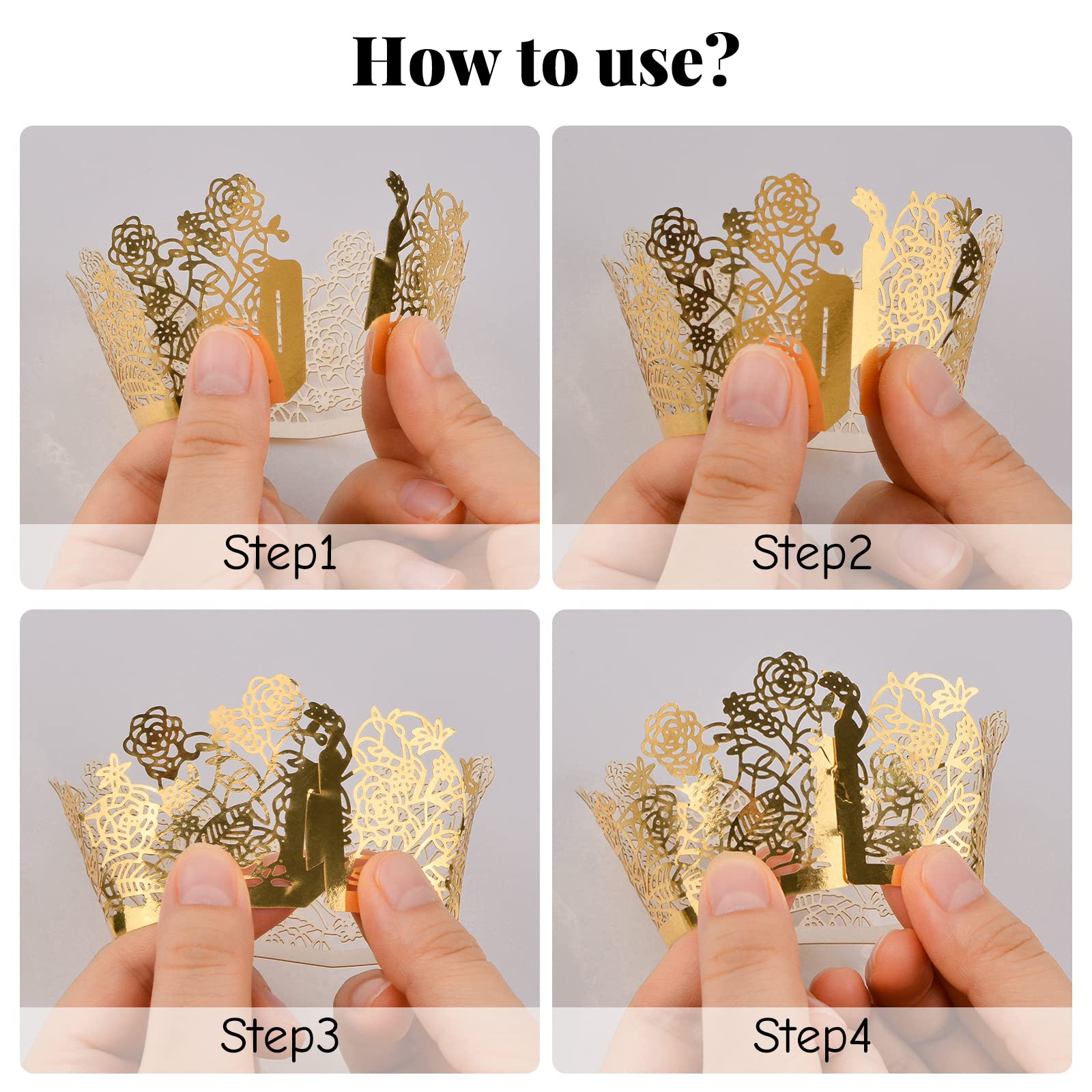 Urroma Gold Rose Lace Cupcake Wrappers, Vine Lace Cupcake Liners Laser Cut Cupcake Liners For Weddings Birthdays Tea Parties