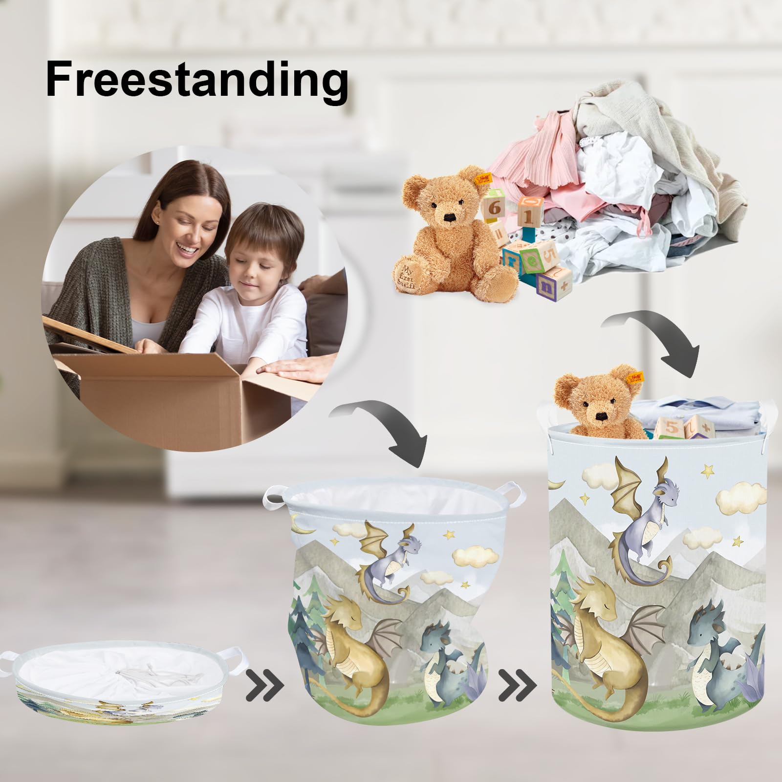 Clastyle 63L Large Dragon Kid Laundry Hamper With Handle For Boy Girl Collapsible Clothes Toy Storage Basket With Lid For Bedroo