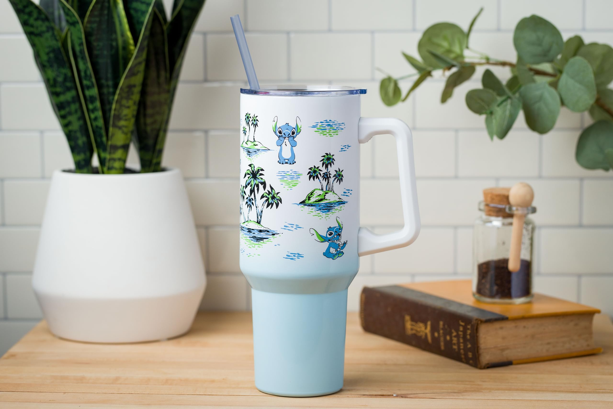 Silver Buffalo Disney Lilo And Stitch Vintage Sketch Palm Trees And Flowers Stainless Steel Tumbler With Handle And Straw, Fits