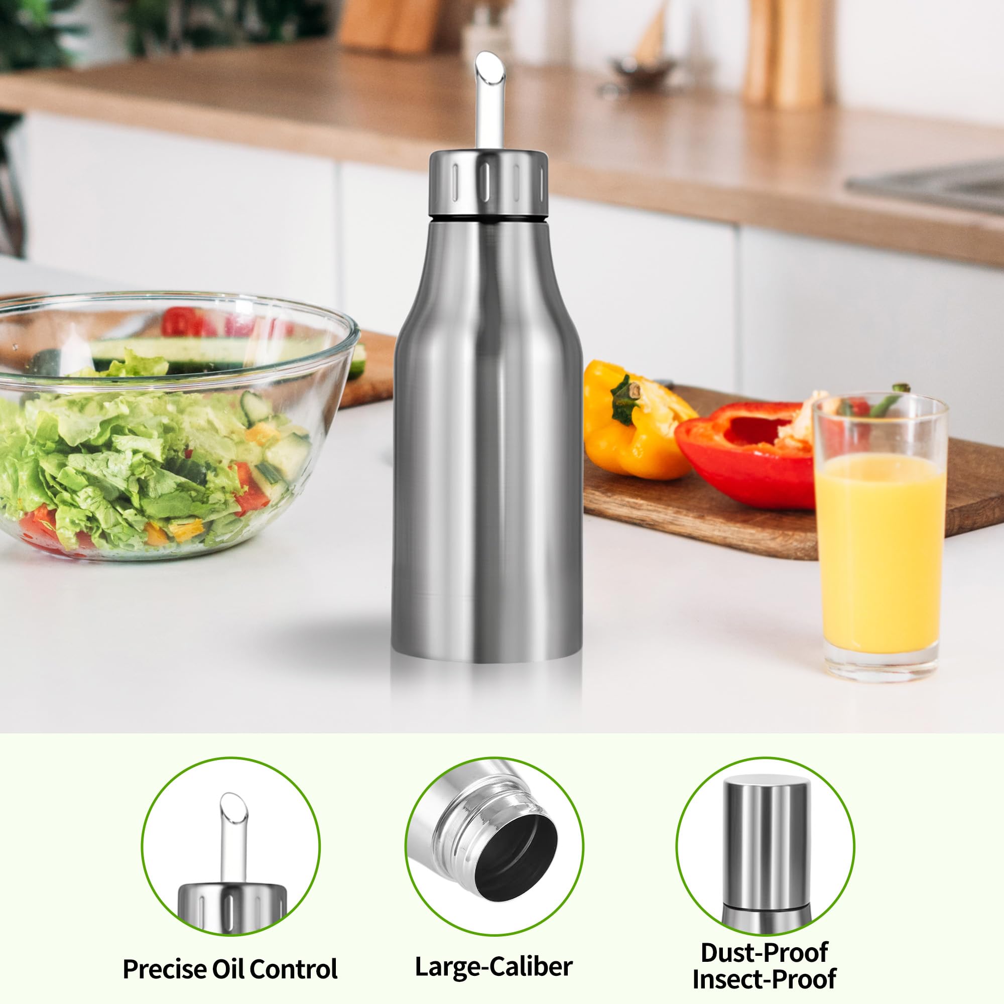 OLUM Oil Dispenser Bottle Stainless Steel with No Drip Pouring Spout for Kitchen & BBQ 17 oz500ML