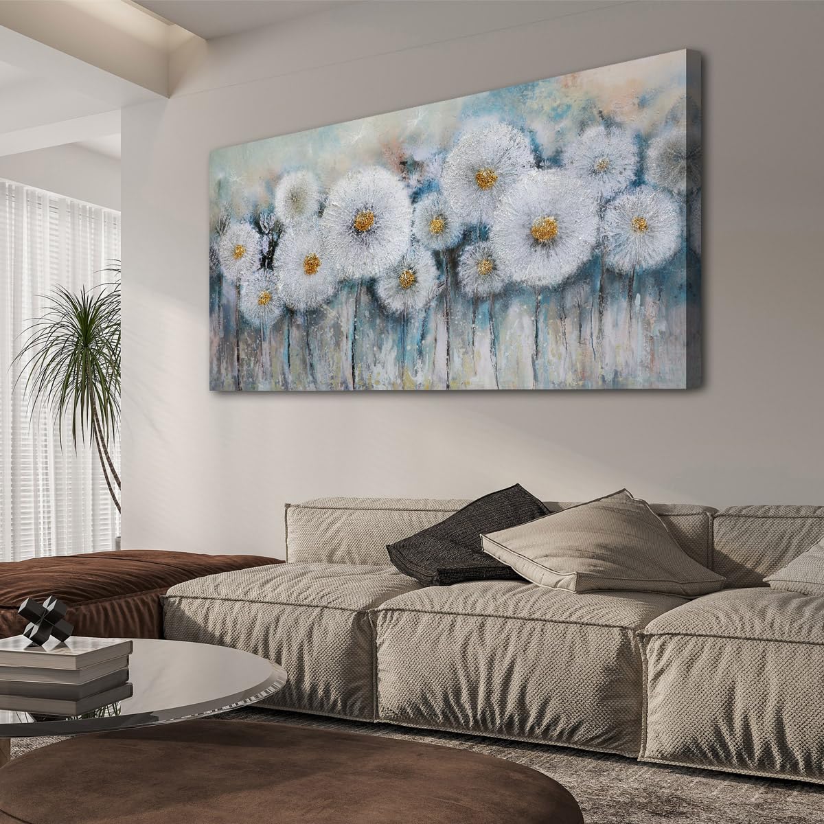 Acocifi Dandelion Painting White Flowers Abstract Canvas Textured Florals Picture, Spring Farmhouse Wall Art Print Artwork Frame