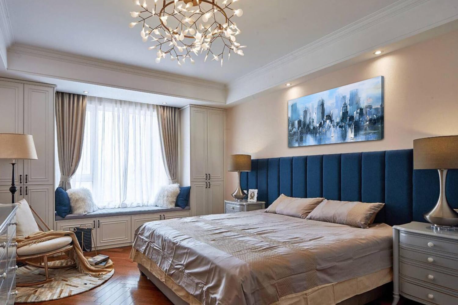 Acocifi New York City Canvas Wall Art Abstract Cityscape Brooklyn Bridge Painting  Skyline Picture Sailboat Blue Print Textured Artwork Framed for Living Room Bedroom Kitchen Office Home Decor 60''x30''