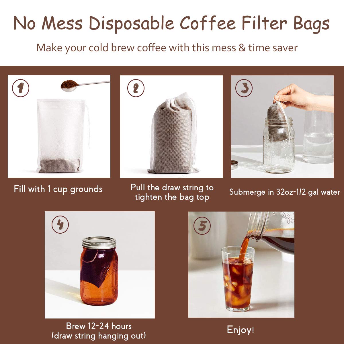 Homyhee No Mess Cold Brew Coffee Filters - 100 Count Disposable Fine Mesh Brewing Bags For Concentrate/Iced Coffee Maker, French