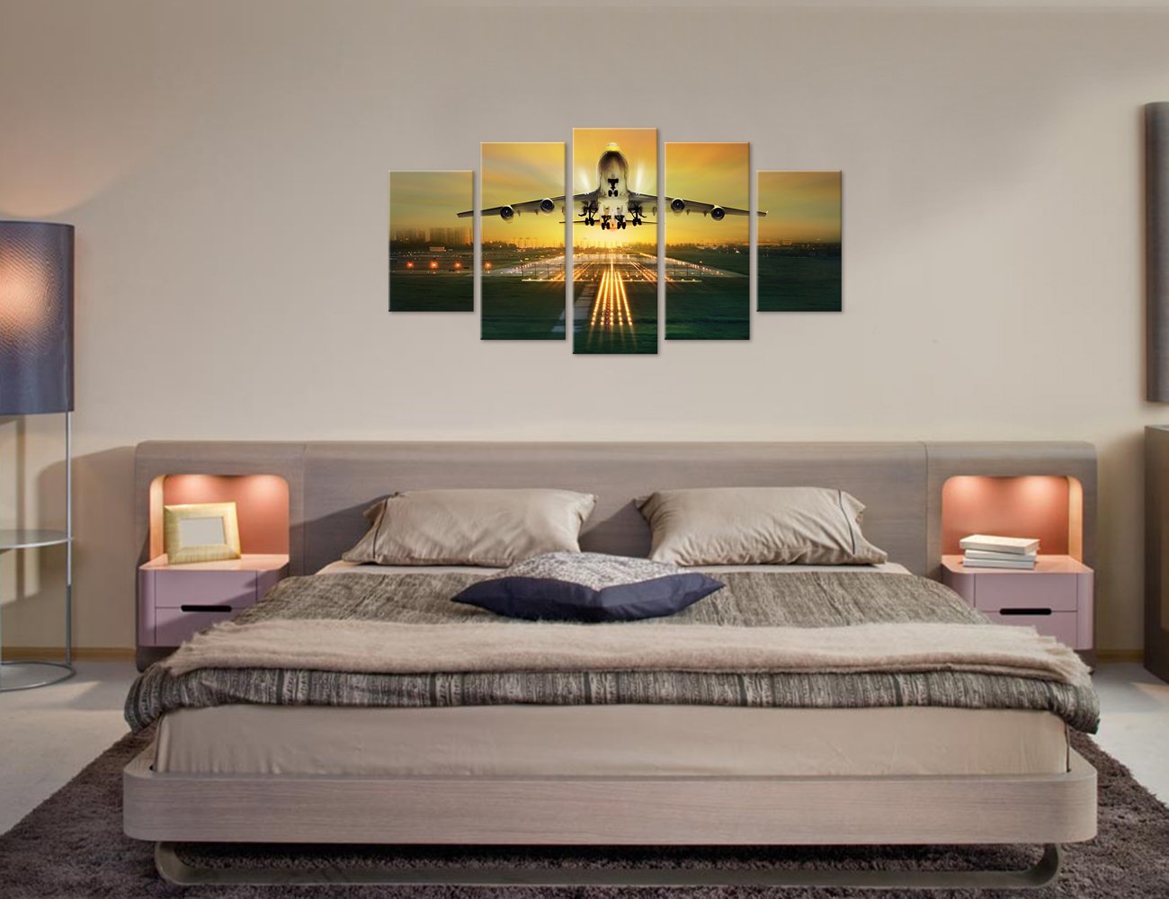 Vvovv Wall Decor 5 Piece Canvas Wall Art Airplane Wall Art Beautiful Airport Night Landscape Airplane Decor Picture,Framed Ready