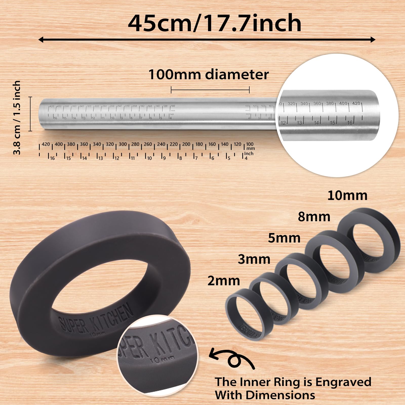 Adjustable Rolling Pin with Thickness Rings for Baking -Non Stick Stainless Steel Dough Roller Pin with Bands for Cookie Wood Wooden and Bread (Grey  17.5'')
