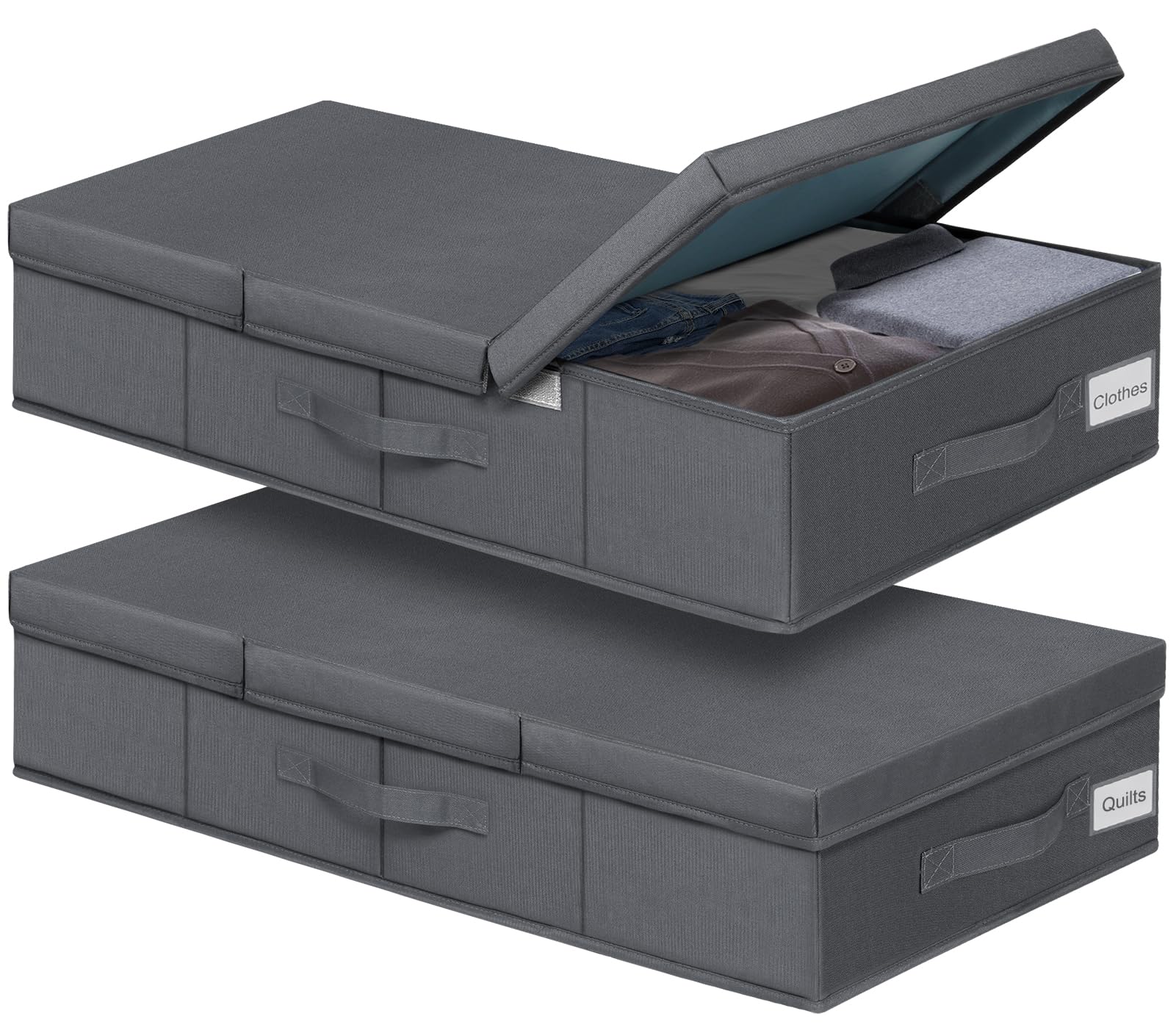 Underbed Storage Containers With Lids, Set of 2 Low Profile Under Crib Storage Bins W/ 3 Handles, Large Sturdy Under Bed Clothes