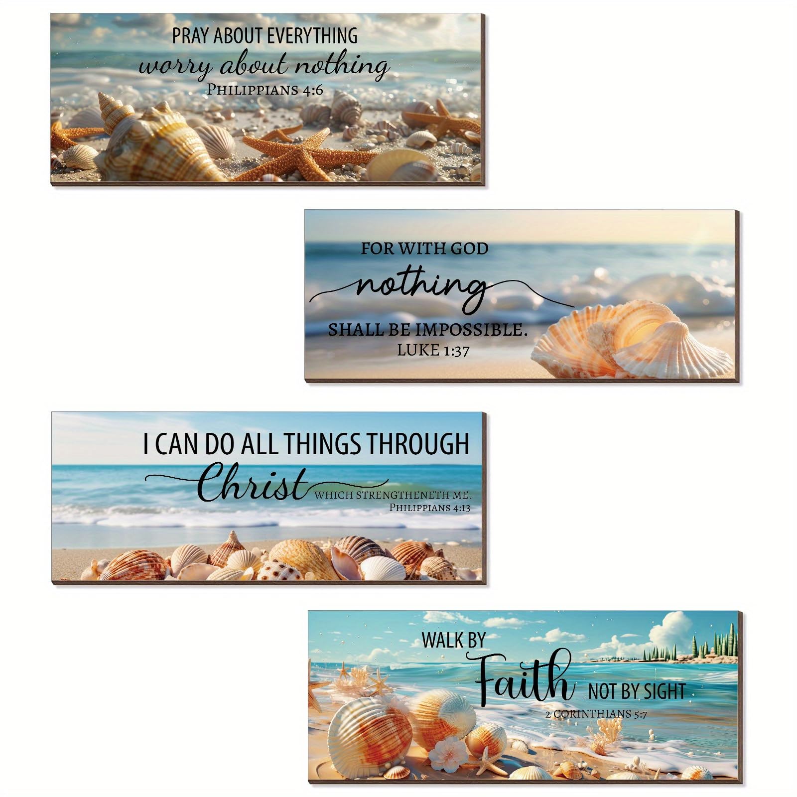 Sarvada Decor 4Pcs Bible Verses Religious Wall Decor Beach Theme Inspirational Wood Wall Art Rustic Christian Decor Coastal Seas