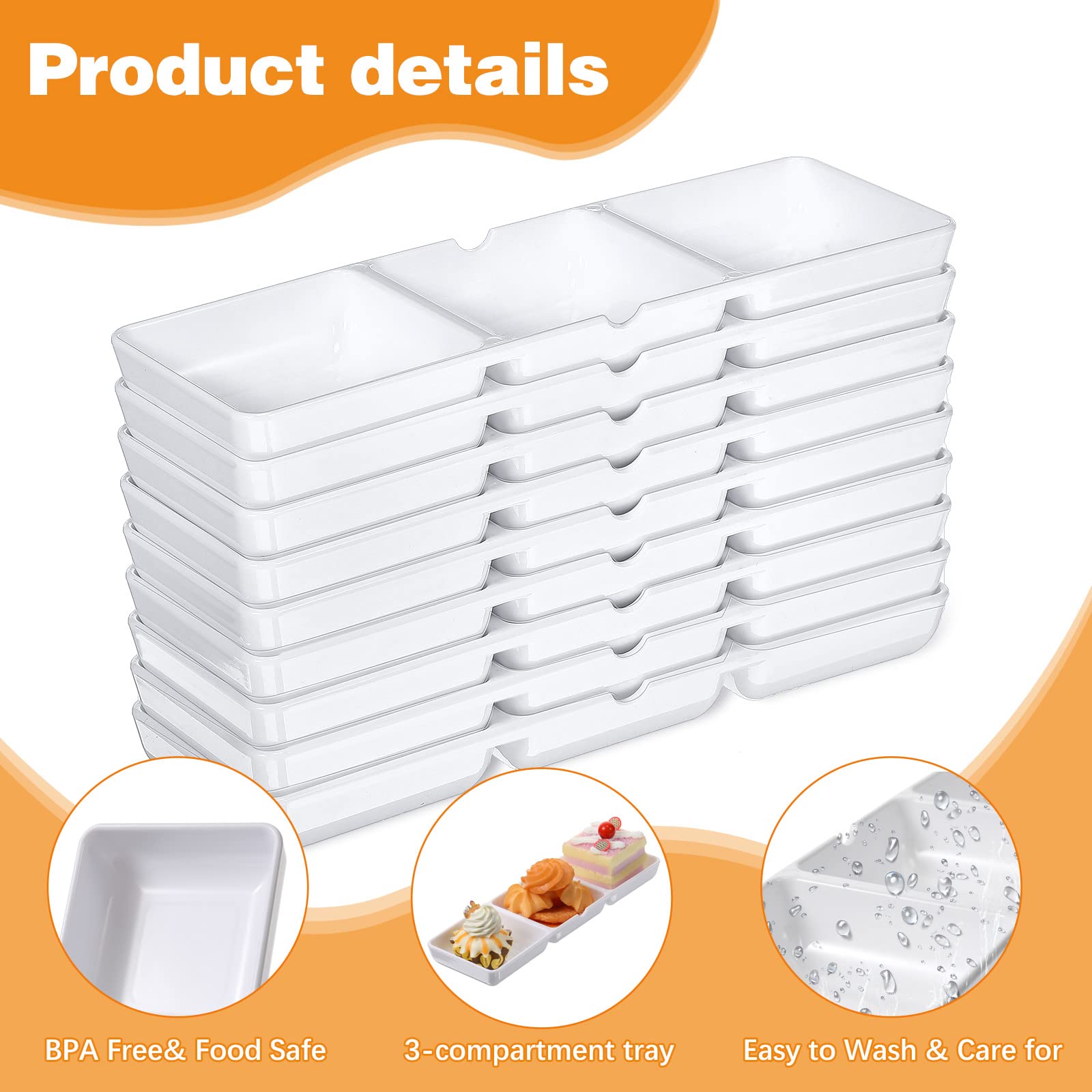 12 Pcs Small White Plastic Appetizer Serving Tray 3 Compartment Serving Dishes Reusable Stackable Sectional Serving Platter Rect