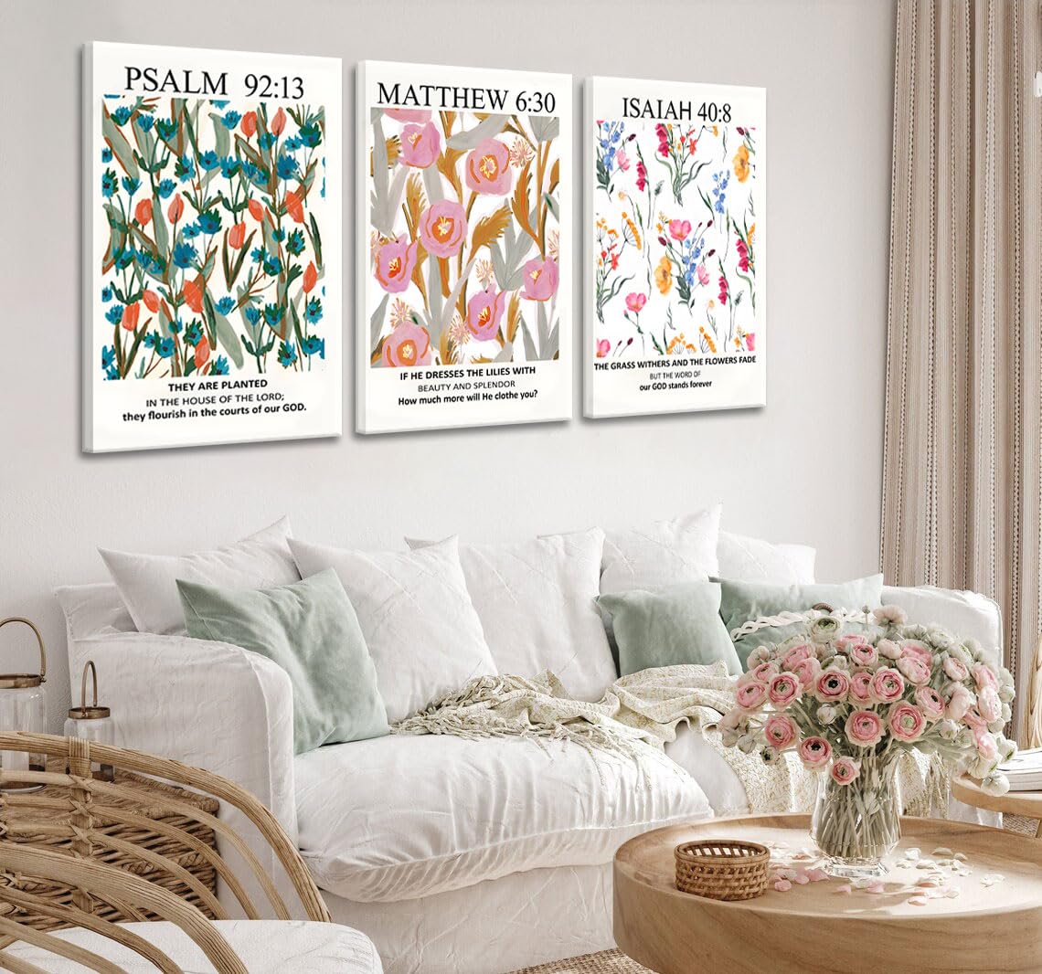 3Pcs Framed Bible Verse Wall Art, Christian Floral Scripture Posters Canvas Paintings Prints Wall Decor Pictures For Bedroom Liv