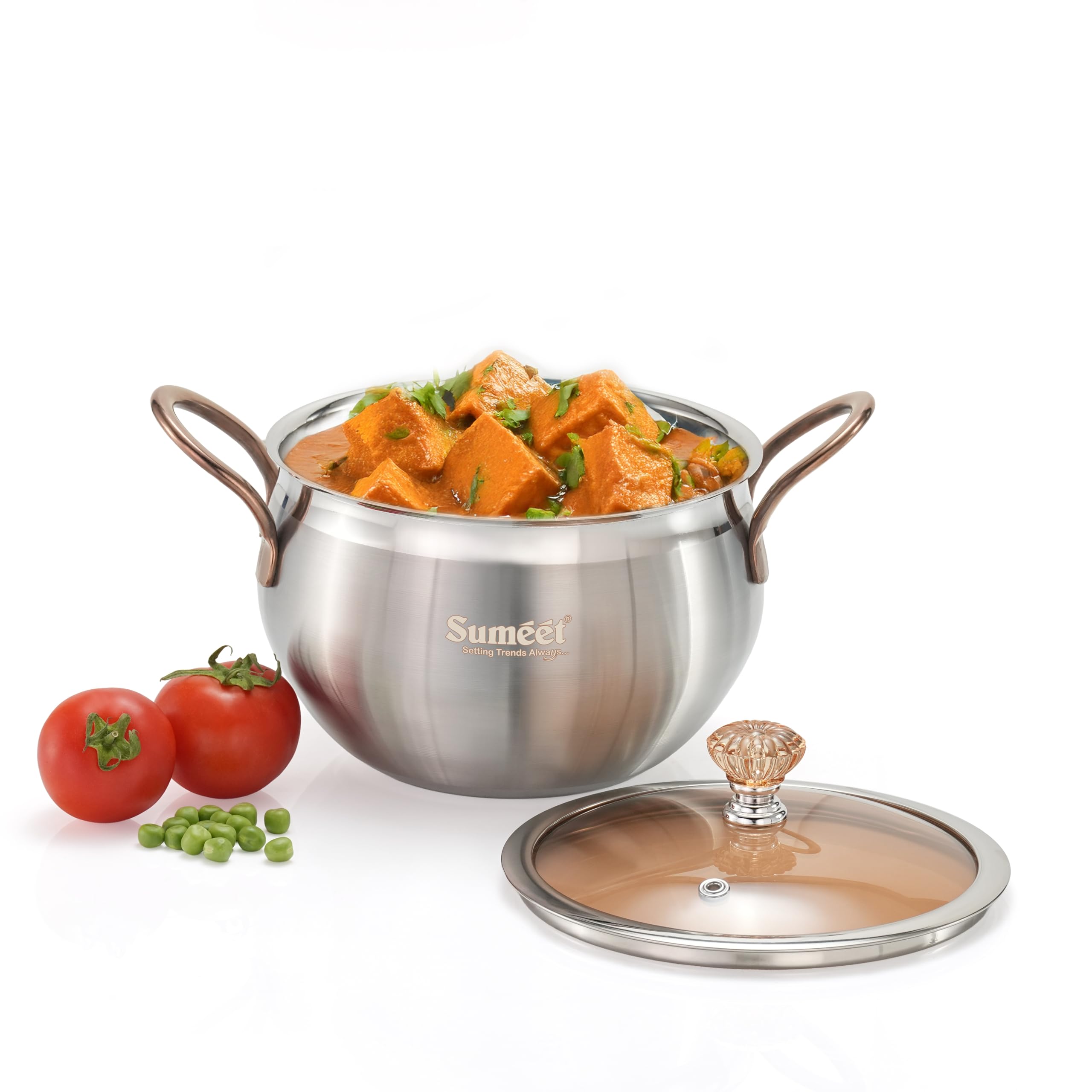 Smeet ISI Certified Stainless Steel Cook & Serve Biryani Pot Handi Sauce Pot with Glass Lid |Induction and Gas Compatible | Capacity - 2200ml -Dia - 17cm  Silver
