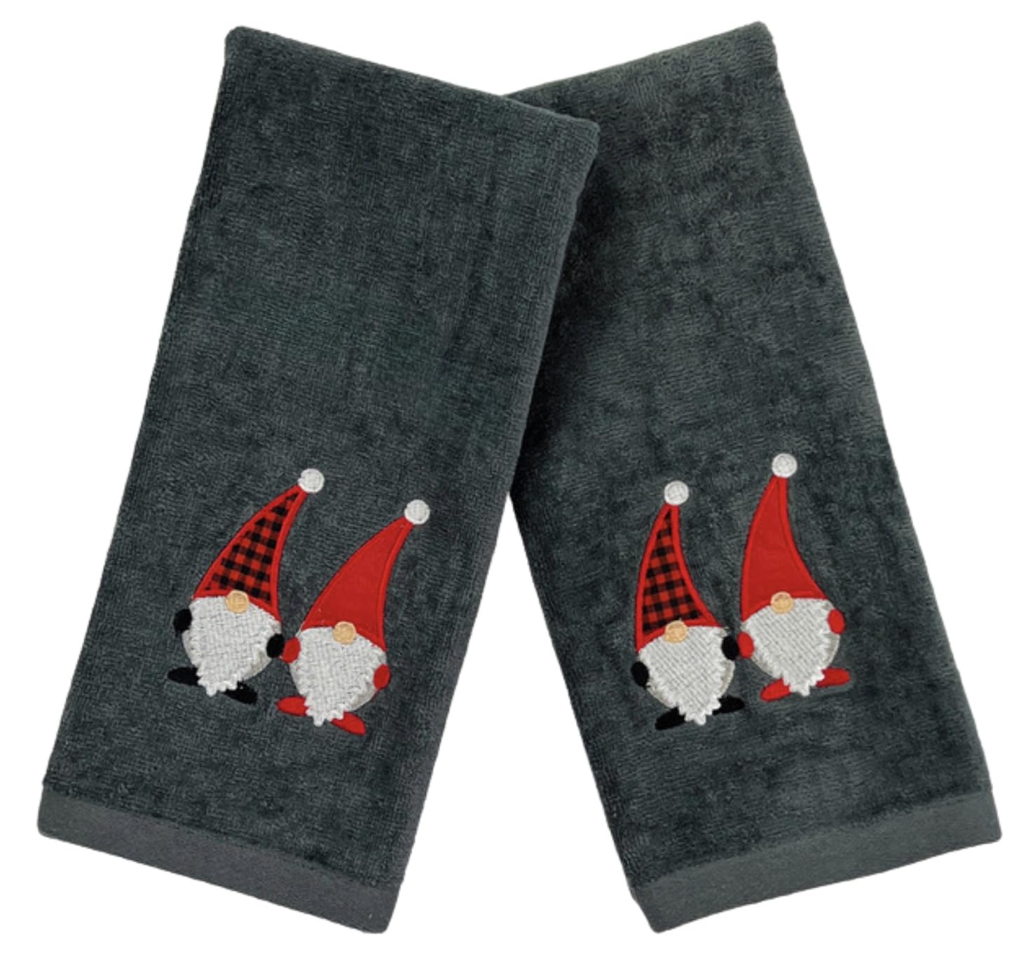 Christmas Gnomes Towel Set: Dark Grey Hand Towels With Red White Embroidery Jolly Nordic Gnome, Set Of 2