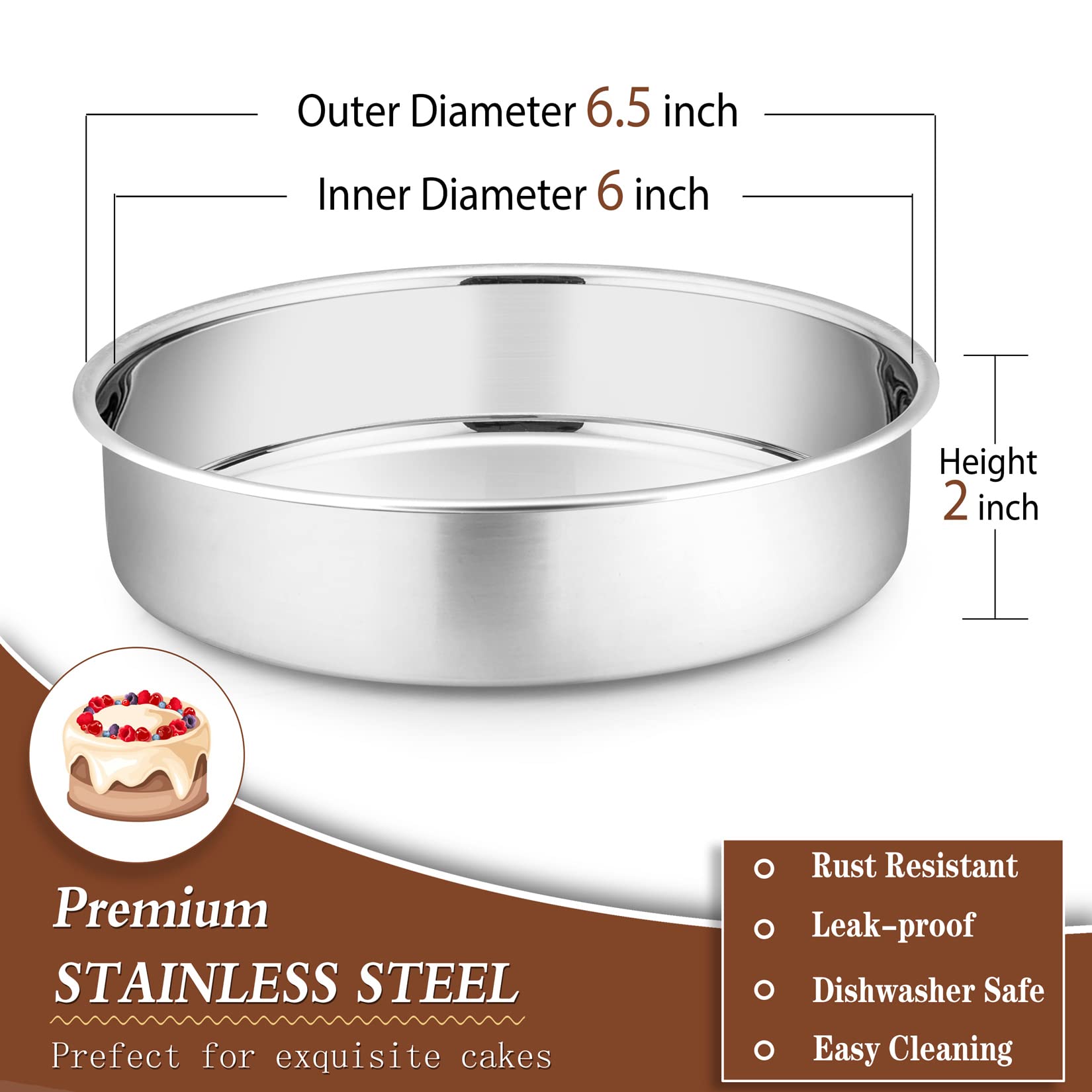 P&P Chef 6 Inch Cake Pans Set Of 4, Round Baking Pan, Stainless Steel Birthday Wedding Metal Layer Cake Pans, Non Toxic & Health