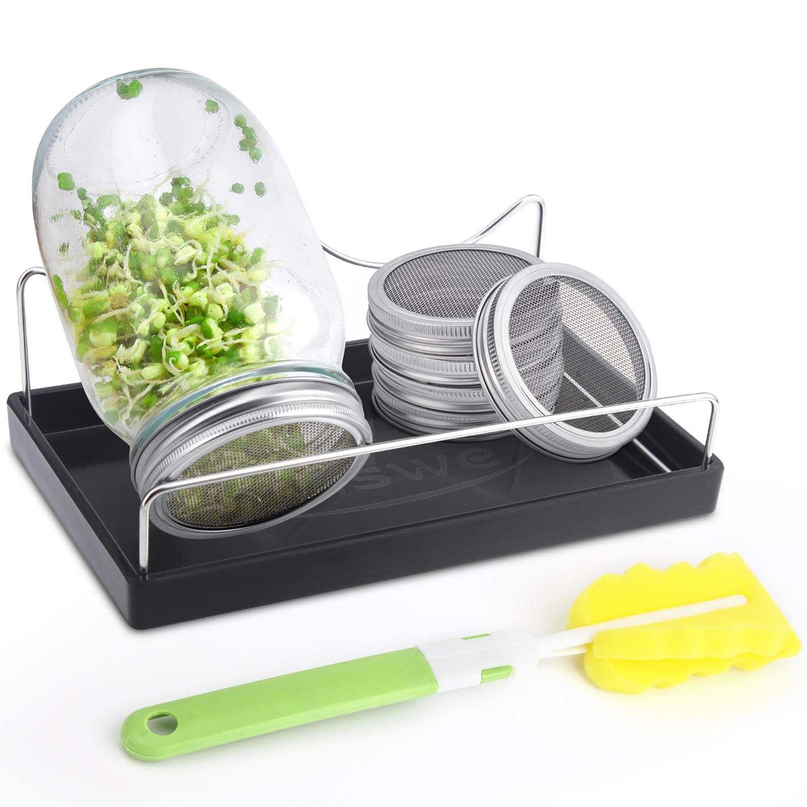 Haswe Seed Sprouting Jar Kit (Jars Not Included) - 4 Stainless Steel Screen Sprout Lids,1 Melamine Tray, Stand And Canning Brush