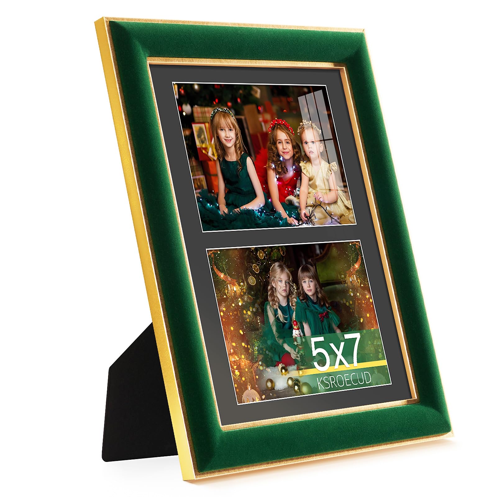 KSROECUD 8.5x11 Velvet Picture Frame with 2 Opening 5x7 Picture, HD Real Glass Green Velvet Photo Frame with Black White Border 