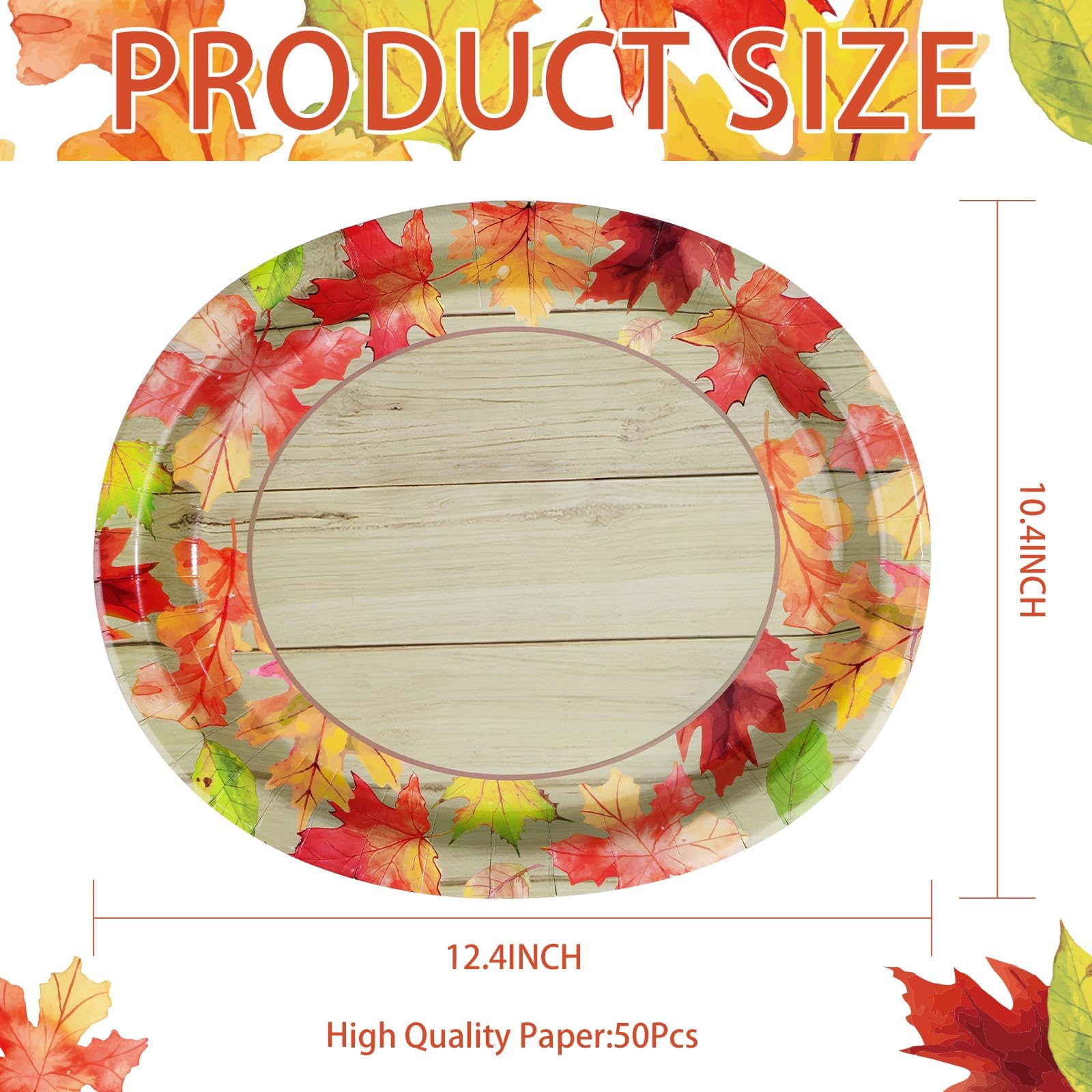 50Pcs Fall Maple Leaf Oval Paper Plates 10 x 12 Large Disposable Heavy Duty Fall Leaves Wooden Grain Platters Autumn Maple Leaf