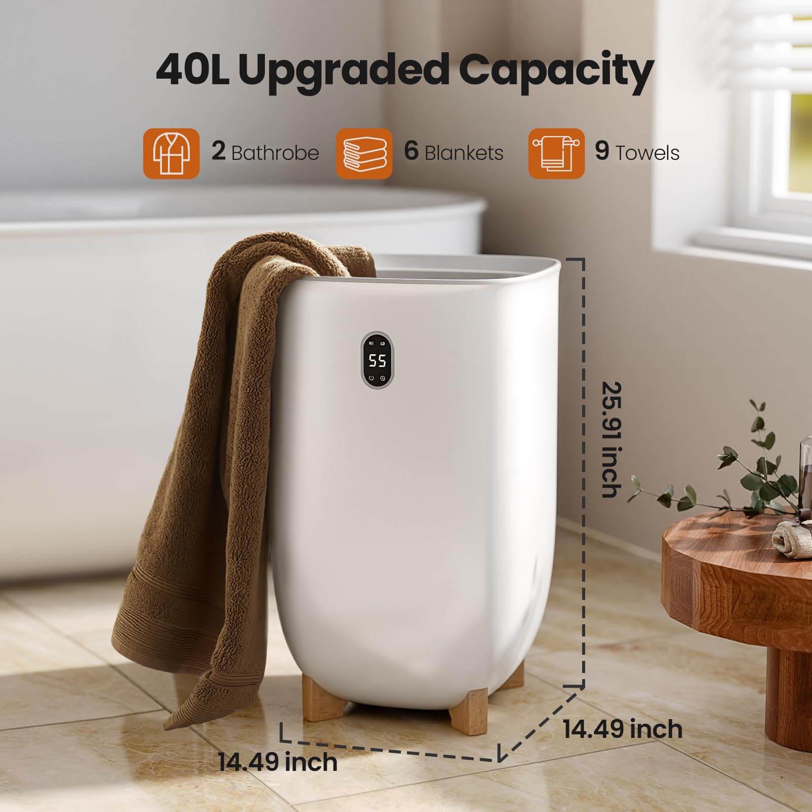 Aglucky Towel Warmer For Bathroom, 40L Large Towel Warmers Bucket With 2 Heating Modes, Lcd Screen, 20/40/60/90 Min Auto Shut-Of