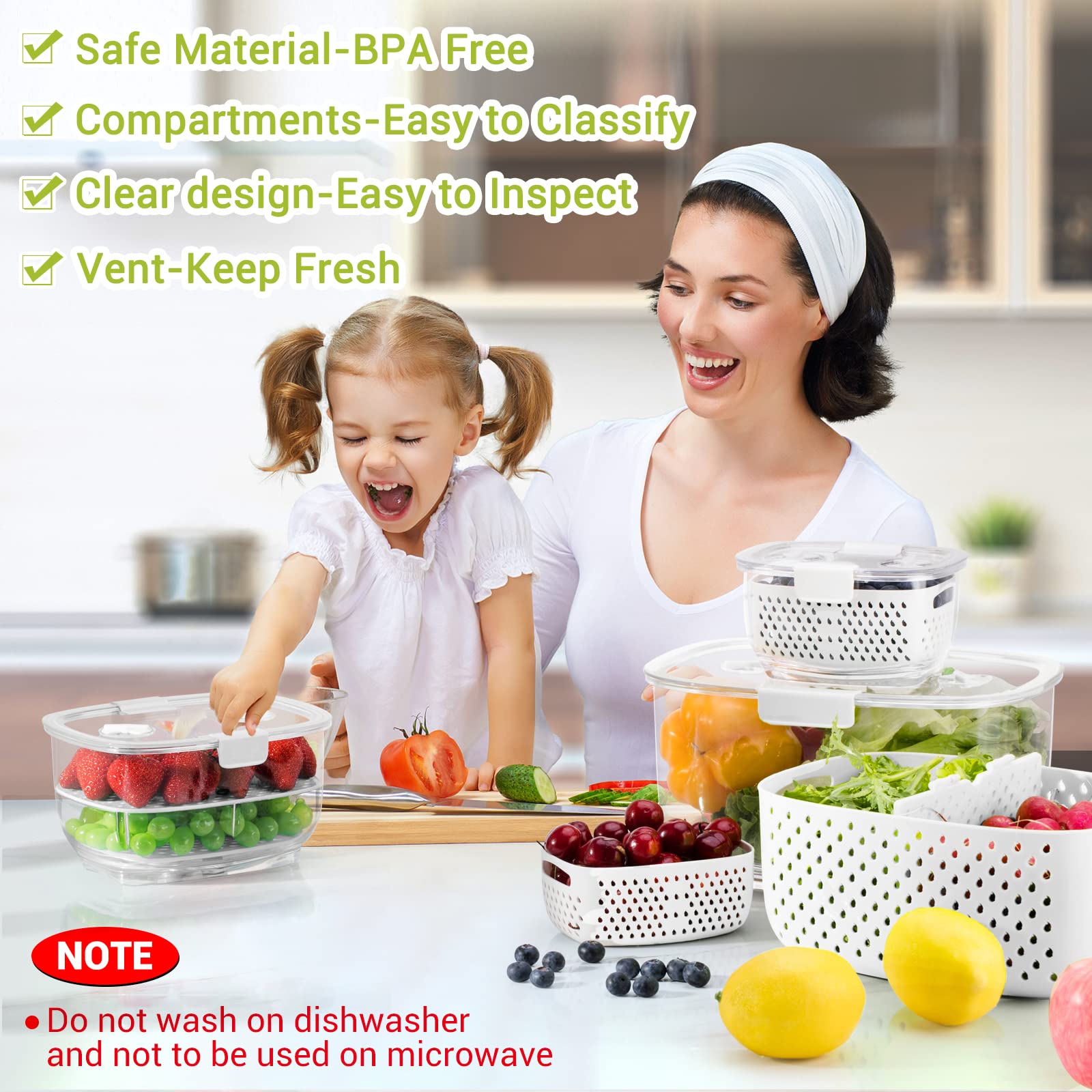 Luxear Fresh Produce Vegetable Fruit Storage Containers 3Piece Set, Bpa-Free, Partitioned Salad Container, Fridge Organizers, Us