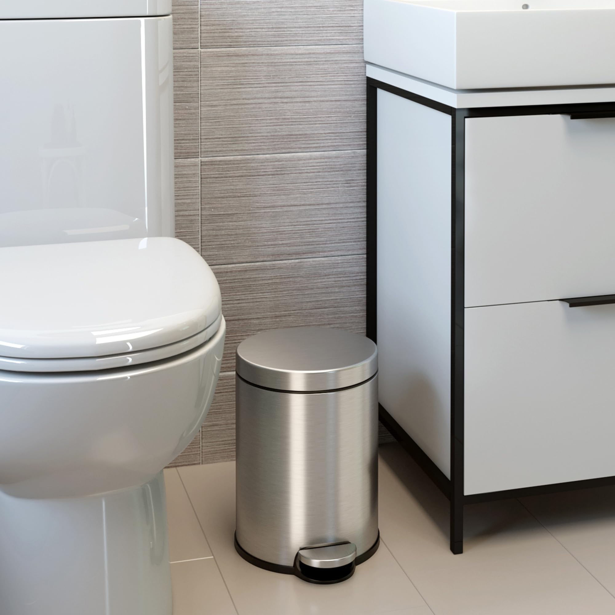 iTouchless SoftStep 1.3 Gallon Small Round Bathroom Step Trash Can with Removable Inner Bucket and AbsorbX Odor Filter  Stainless Steel  5 Liter Pedal Garbage Bin for Bedroom  Office Cubicle