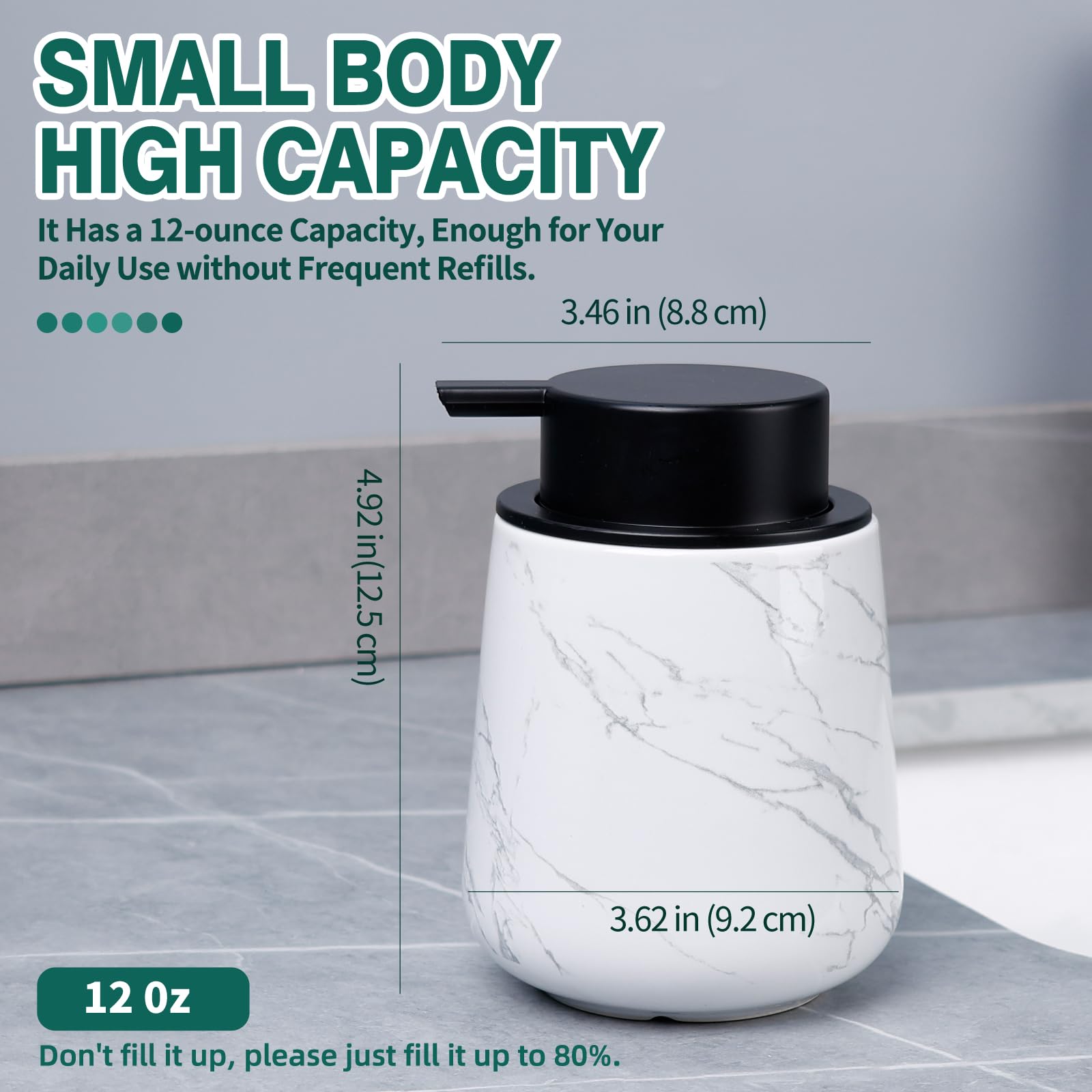 Bosilunlife Hand Soap Dispenser - Marble Lotion Dispenser 12Oz Ceramic Soap Dispenser Bathroom Refillable Liquid Hand Soap Dispe