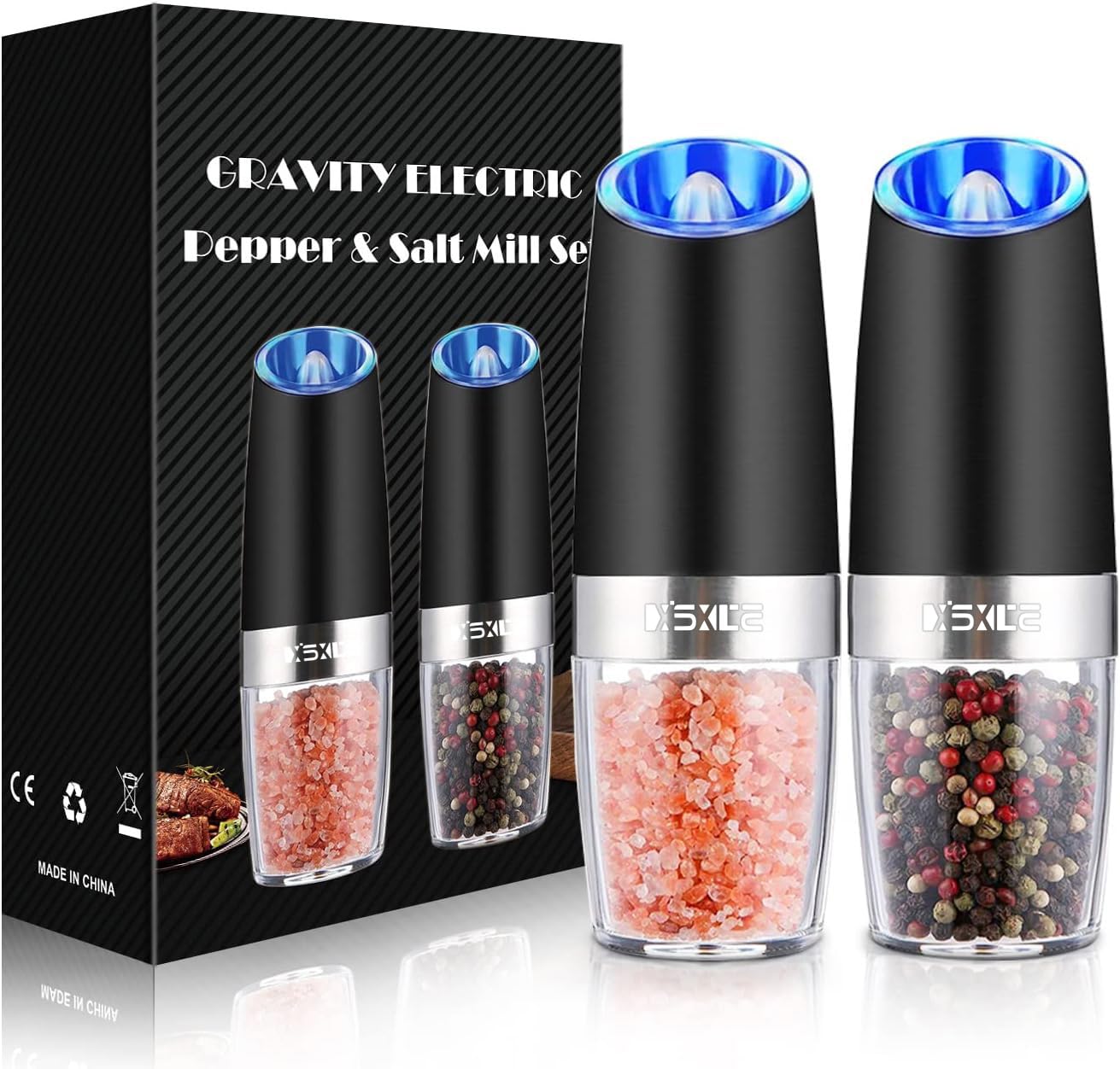 XinXu Gravity Electric Pepper and Salt Grinder Set, Adjustable Coarseness, Battery Powered with LED Light, One Hand Automatic Op