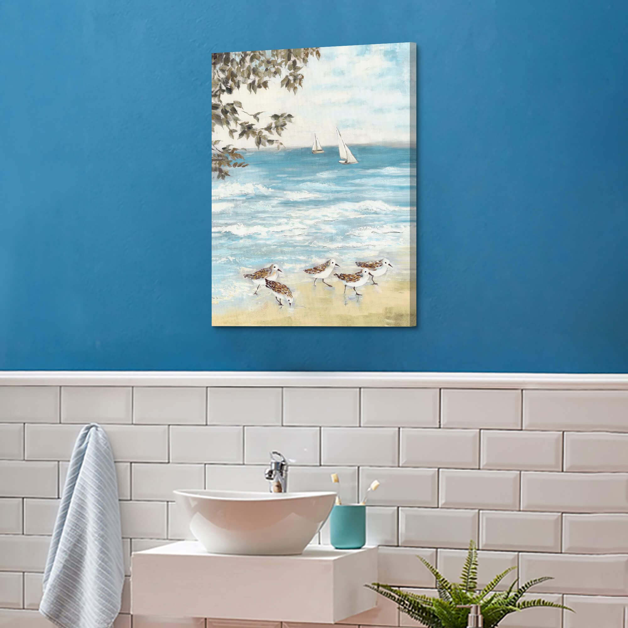 Summer Melody Beach Sandpiper Painting Wall Art: Coastal Sea Bird Canvas Abstract Ocean Artwork For Bedroom Seashore Seagull Pic