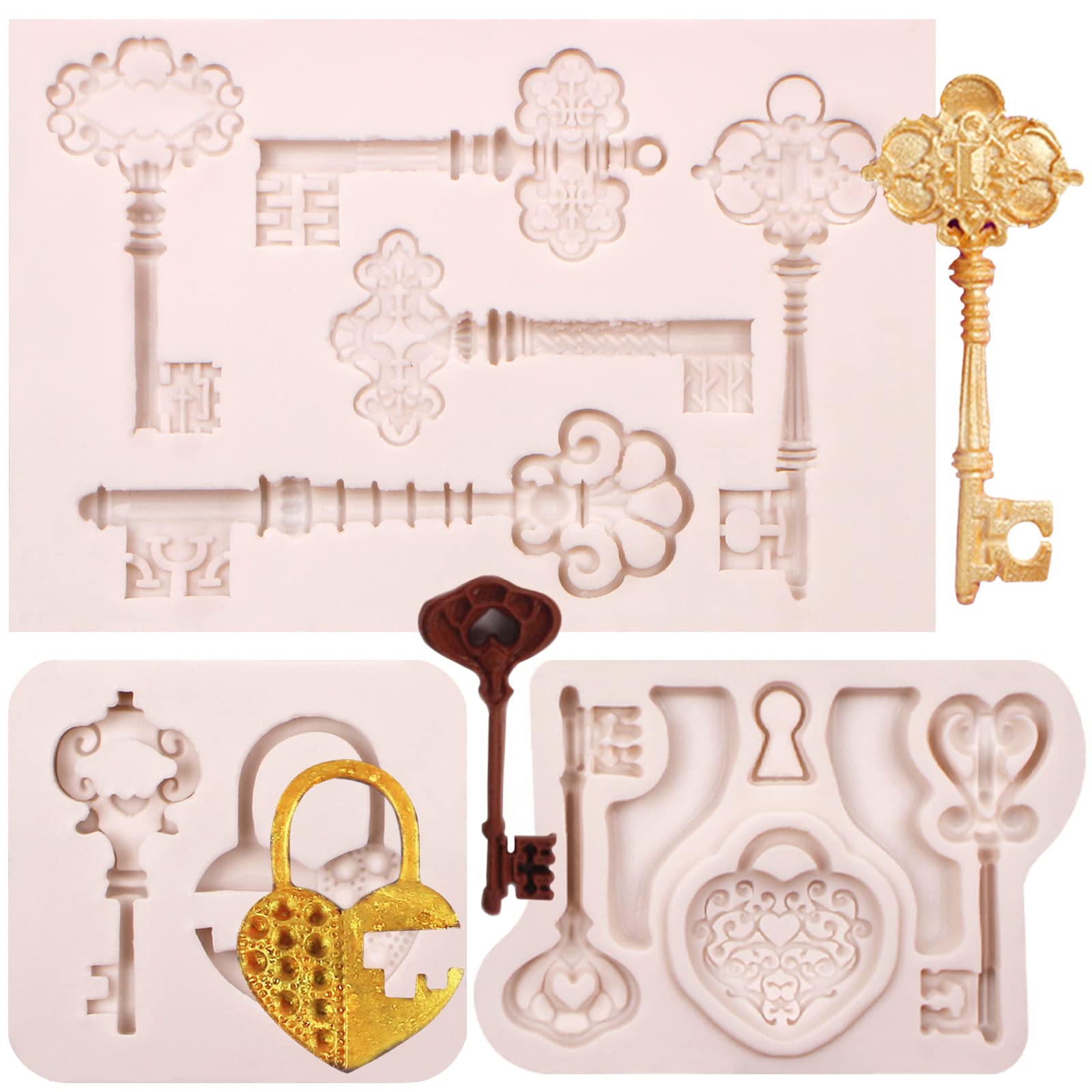 Vintage Key Cake Fondant Mold 3 Pcs, Lock Keyhole Chocolate Silicone Mold, Mini Love Keys Candy Mold For Cake Decoration Sugar C