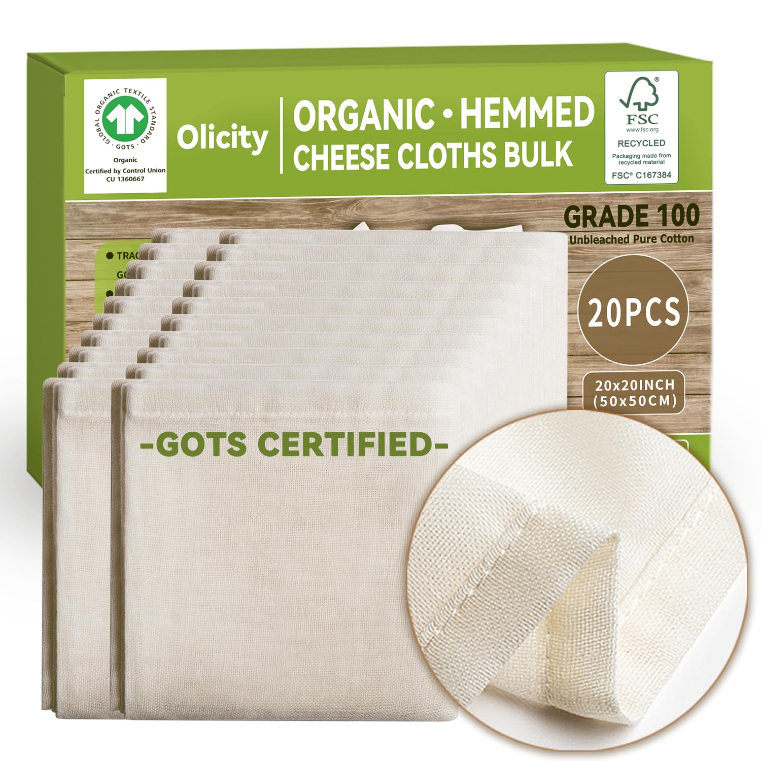 Organic Cheesecloth Bulk,GOTS Certified,20Pack,Grade 100,20x20Inch Hemmed Cheese Cloths Fabric Reusable Fine Mesh Cloth,100% Cot