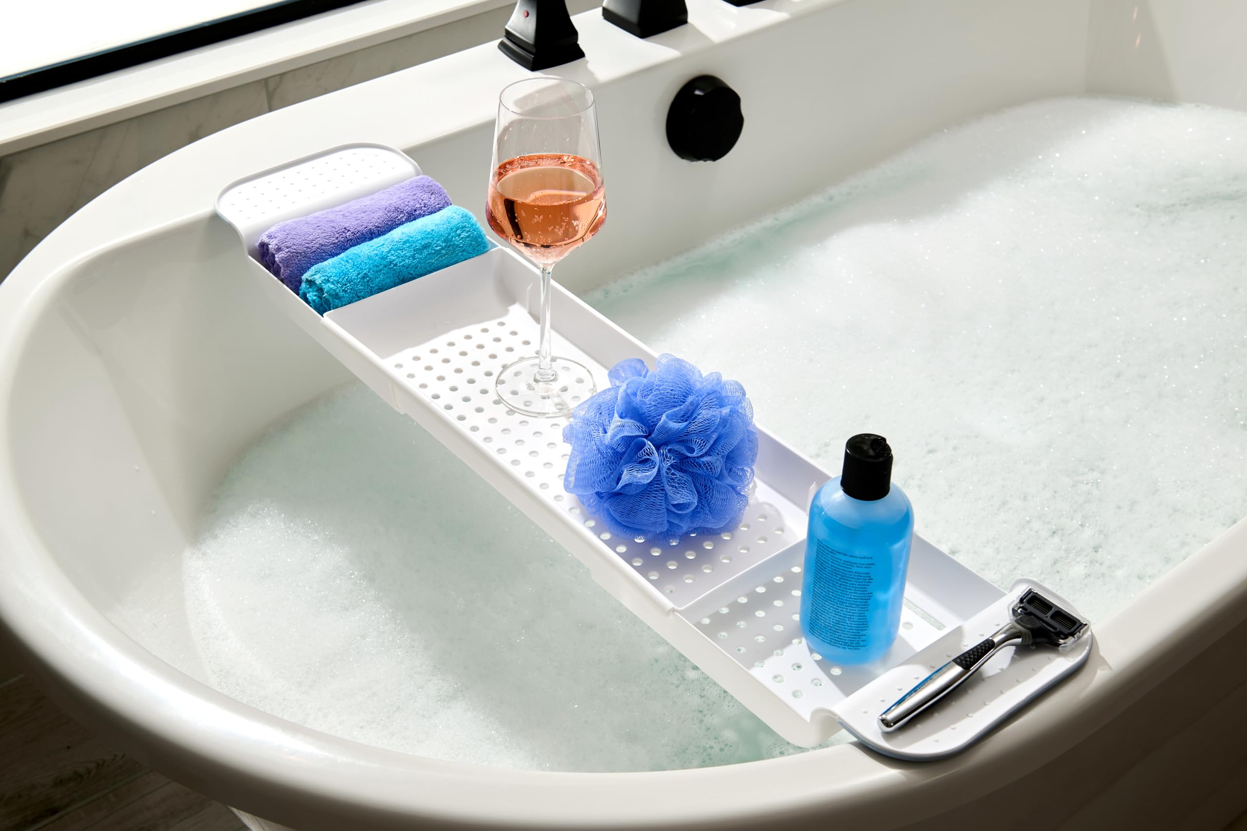 Madesmart Expandable Bath Tray For Bathtubs, Plastic Shower And Bath Shelf Caddy, White, Multifunctional Bathtub Bathroom Organi