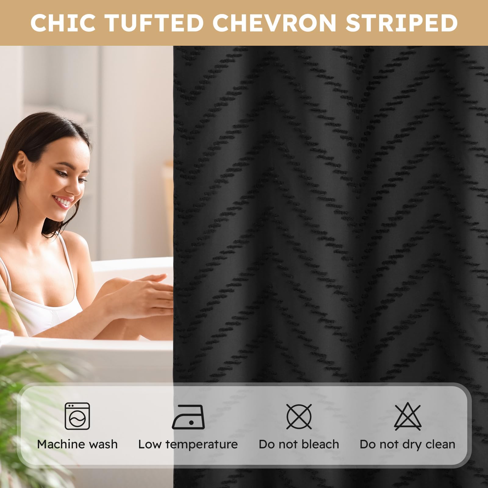 Fadoty No Hook Shower Curtain And Snap In Liner Set Black Tufted Chevron Striped Cloth Waterproof Washable Fabric Boho Bath Curt