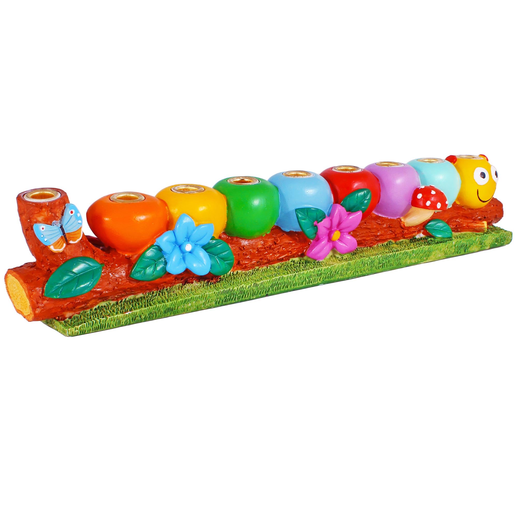 Zion Judaica Polyresin Caterpillar Menorah Cute Kids Candle Menorah Hand Molded and Painted Lively Caterpillar on a Log Hanukkiy