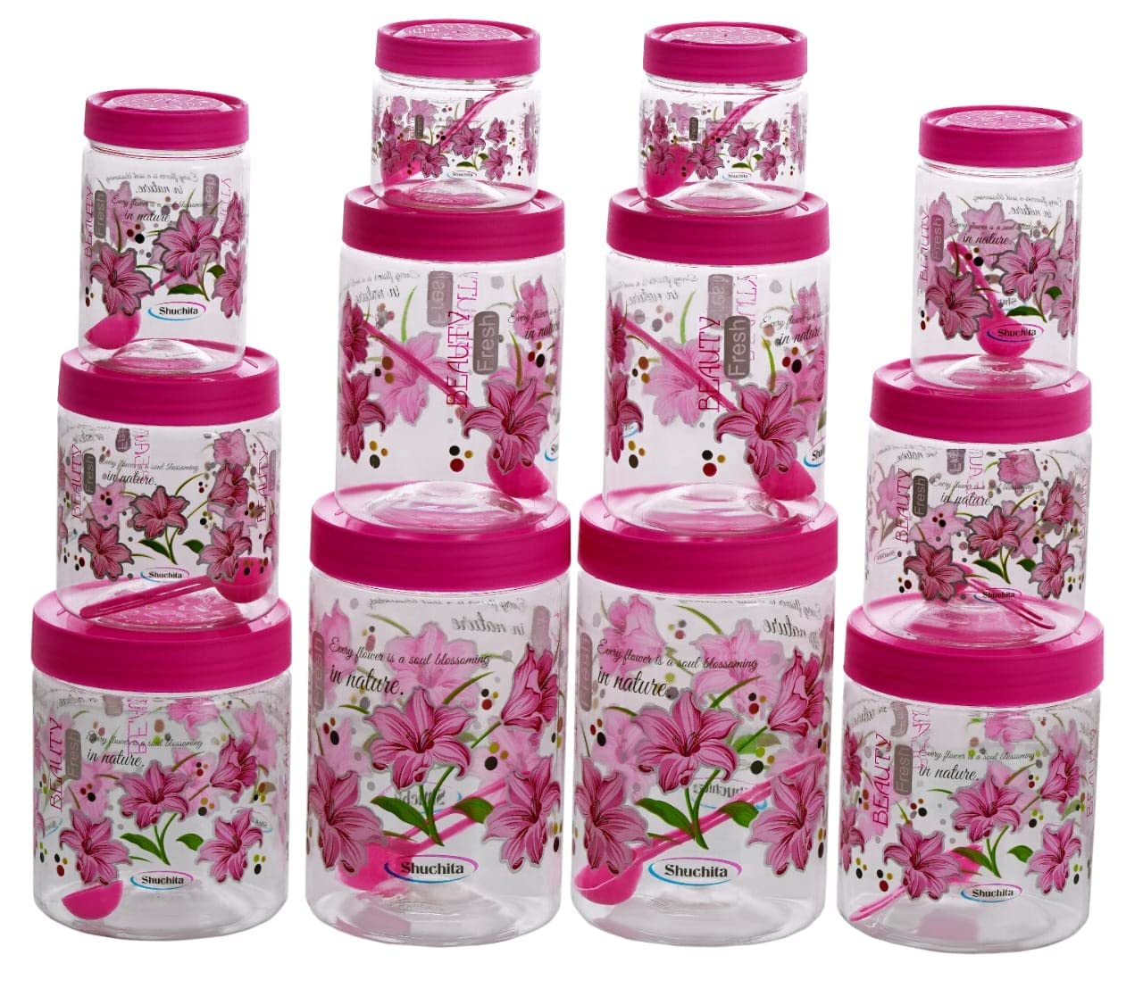 Vetalic Plastic Kitchen Jars And Containers Set, Airtight Heavy Quality Printed Design Container Set With Spoons, Grocery Box Wi