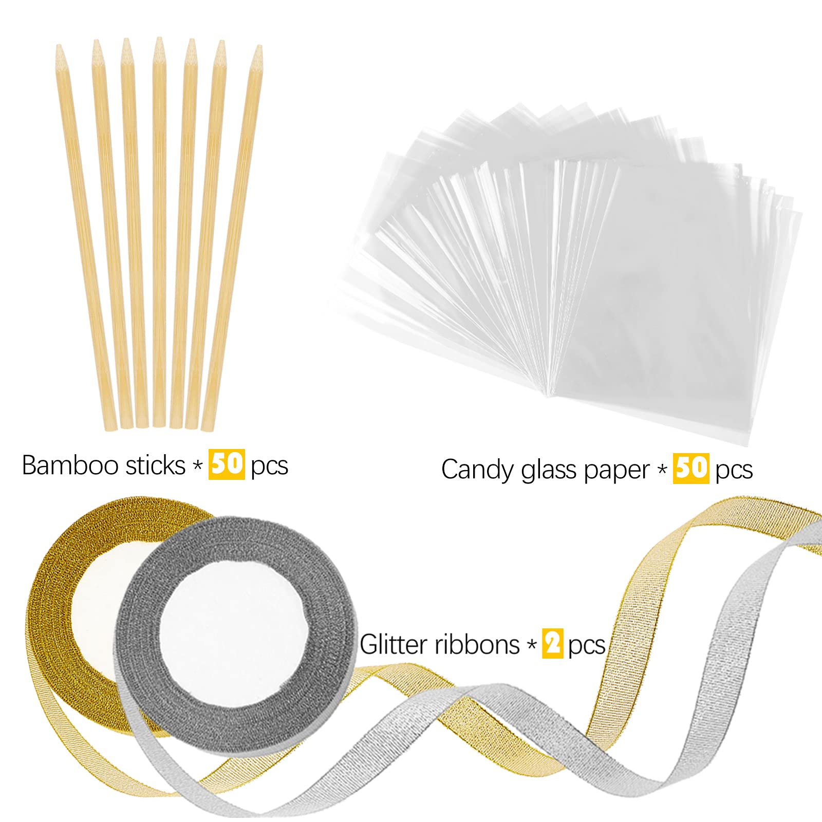 Ocmoiy Diy Candy Apple Kits - 100 Pcs Candy Apple Sticks And Bags With 50 Yard Gold And Silver Glitter Ribbons For Large Caramel