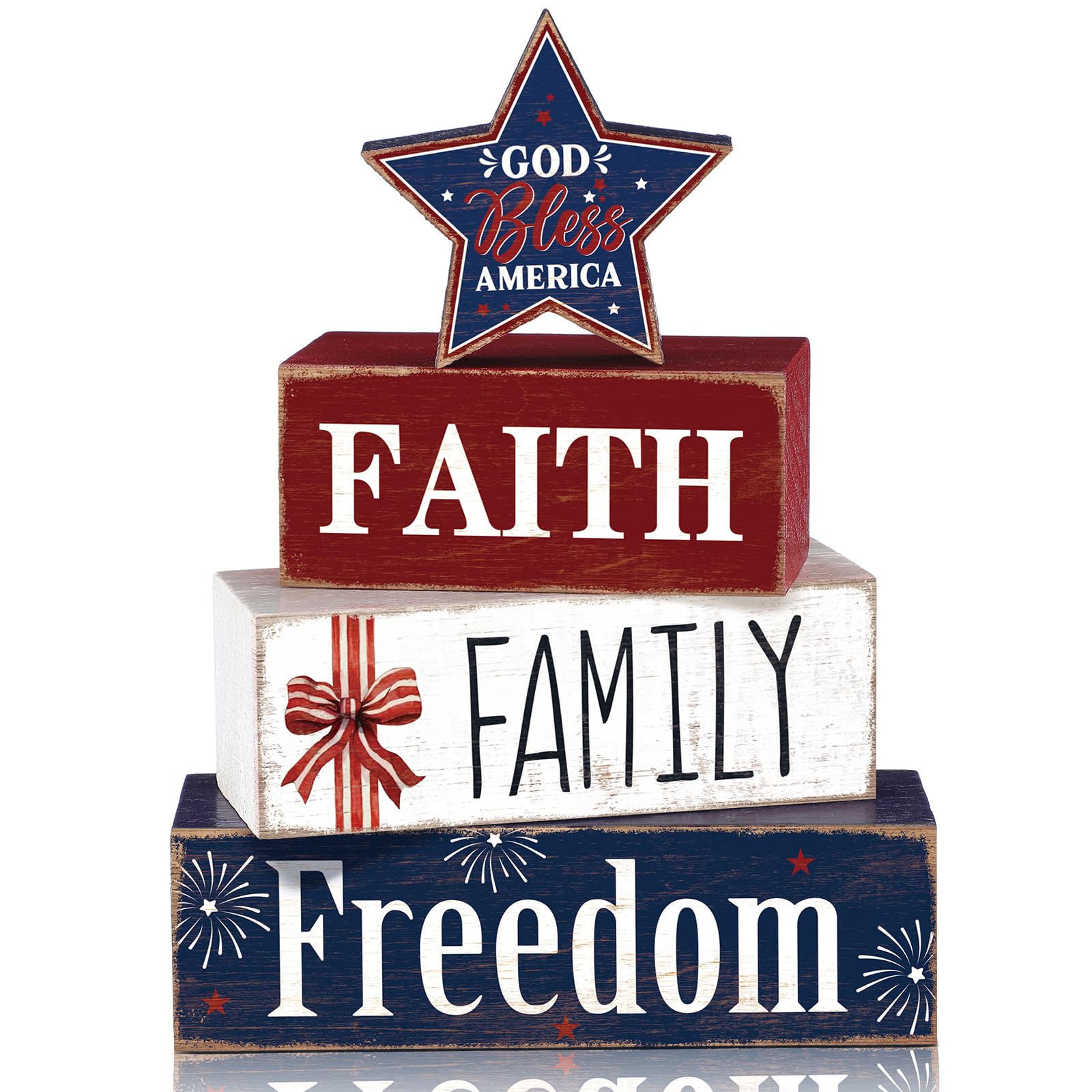 Moucuny 4 Pcs Patriotic Table Decorations Independence Day Wooden Decorative Signage Fourth of July Tiered Tray Decor Star Cente