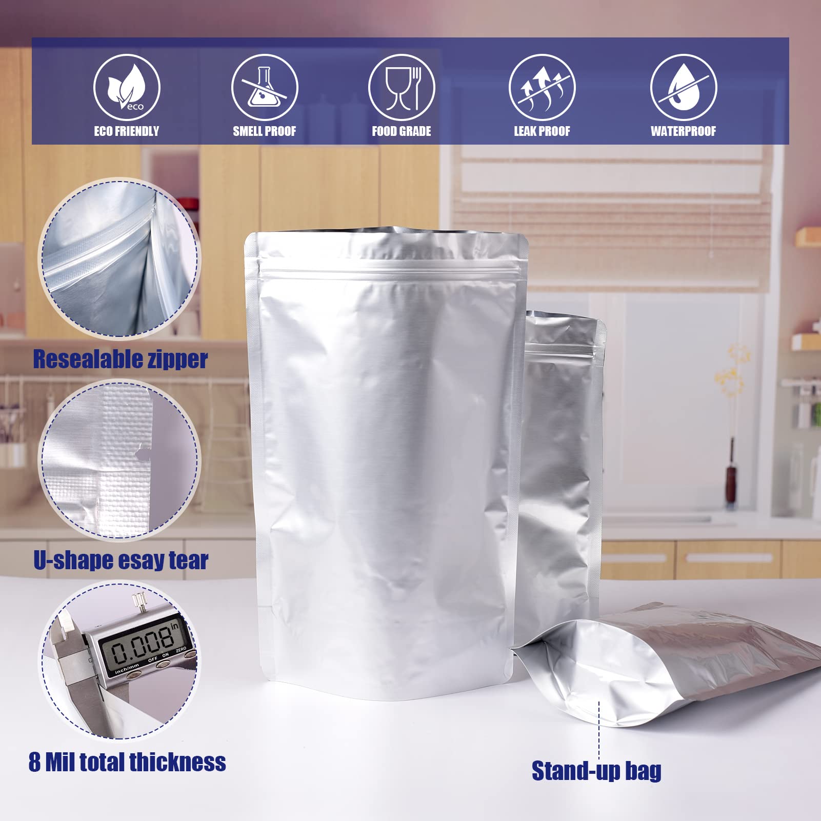 120 Mylar Bags for Food Storage with Oxygen Absorbers 300cc  8 Mil 1Gallon 10''x14''  7.5''x11.5''  6''x9''  4.3''x6.3'' Stand-Up Zipper Resealable Bags & Heat Sealable Food Storage Bags + Labels