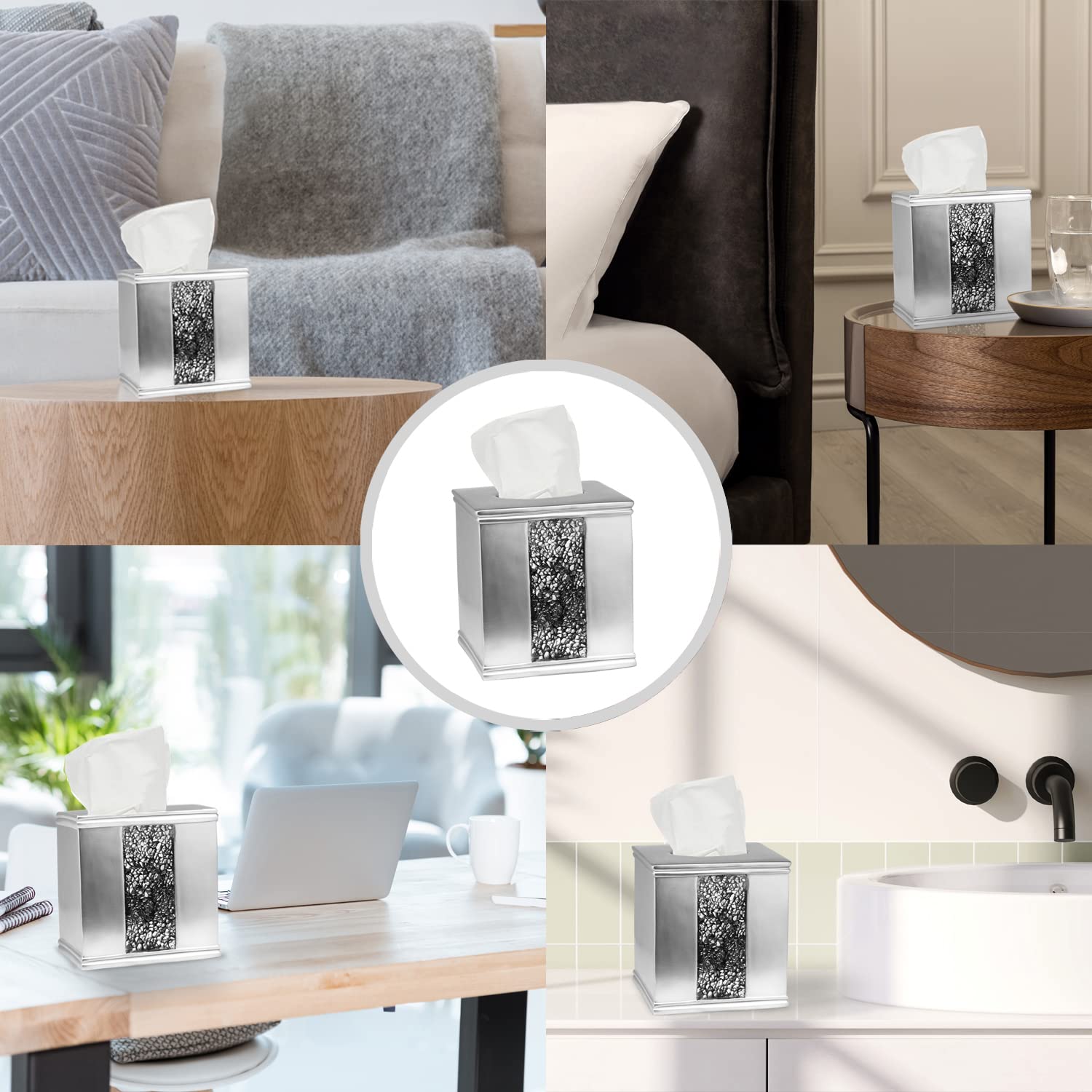 Zahari Home 2pc Sinatra Silver Modern Bath Accessories Set Waste Basket & Tissue Box Modern Classic Contemporary Decorative Beautiful Designs Bathroom Decor Set for Home Mosaic Glass